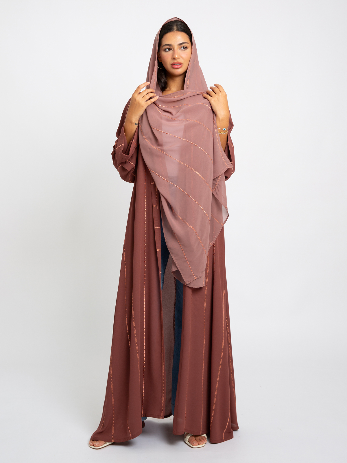 Brown Chained Lines A-Cut Abaya