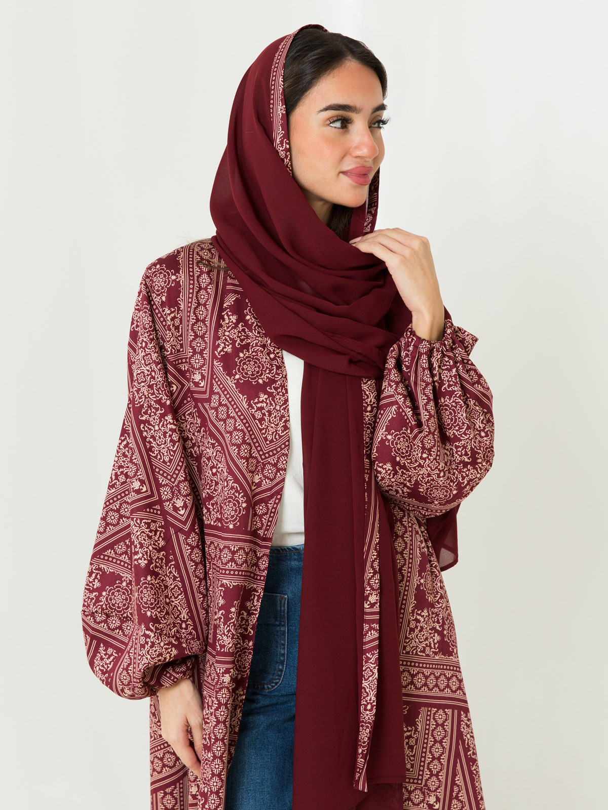 Maroon Bandana Puffed Sleeves Abaya