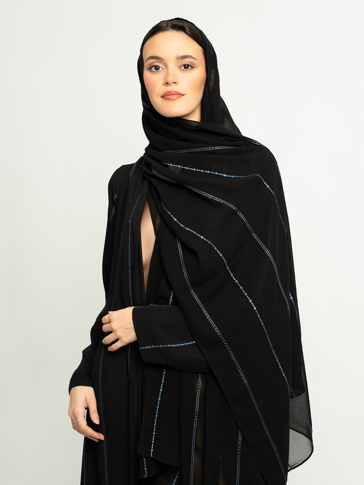 Black with Blue Chained Lines A-Cut Abaya
