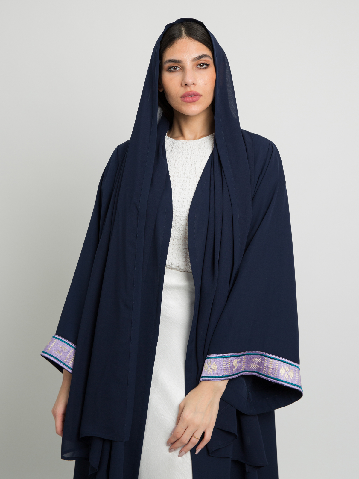 Navy with Muave Camel Kulfa - A Cut Wide Sleeves Half Cloche Abaya in Crepe Fabric