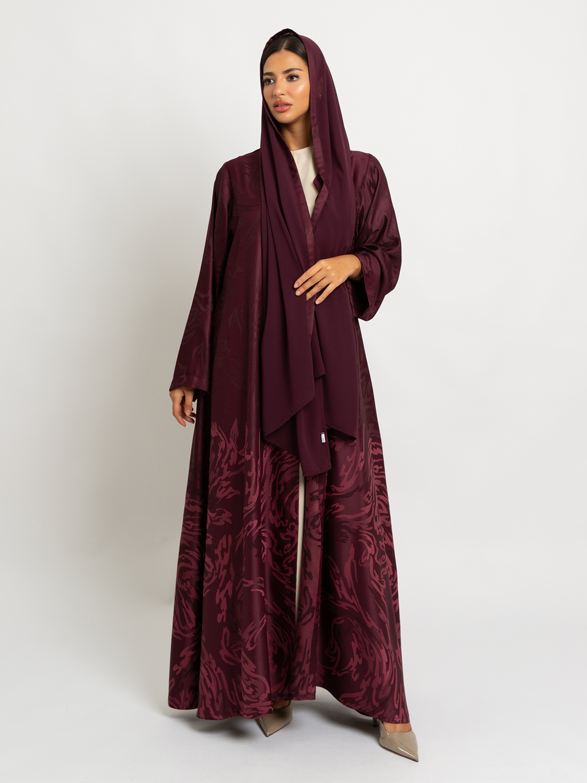 Maroon Swirly Blooms A-Cut Abaya