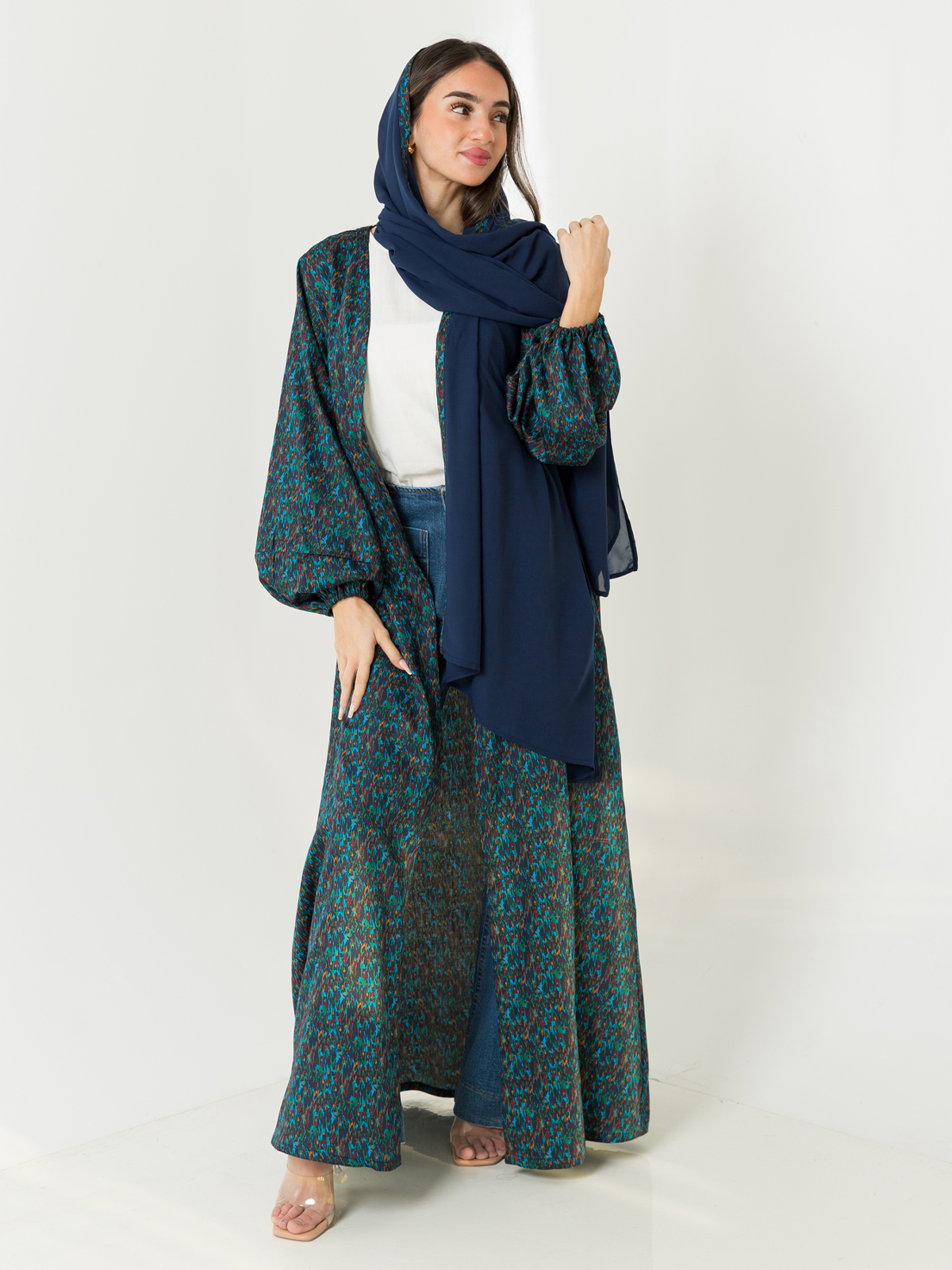 Navy Camouflage Puffed Sleeves Abaya