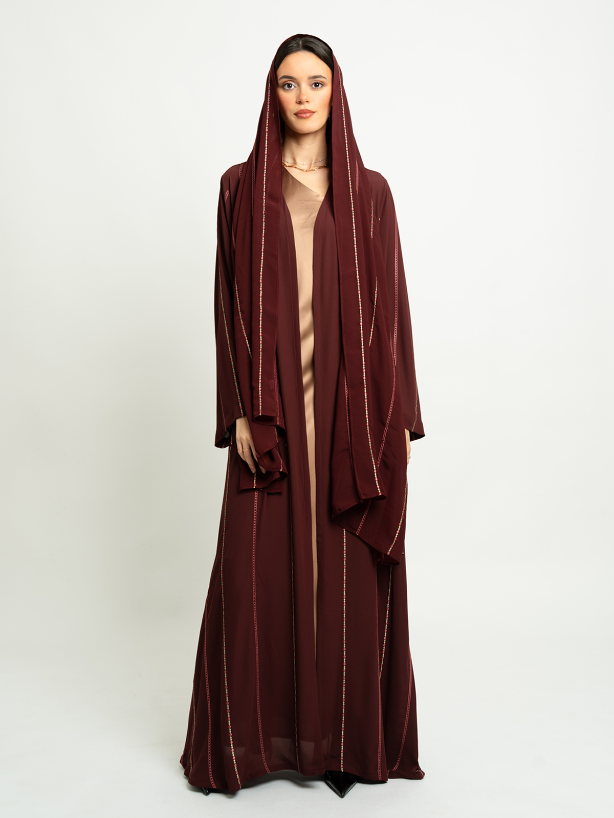 Maroon Chained Lines A-Cut Abaya