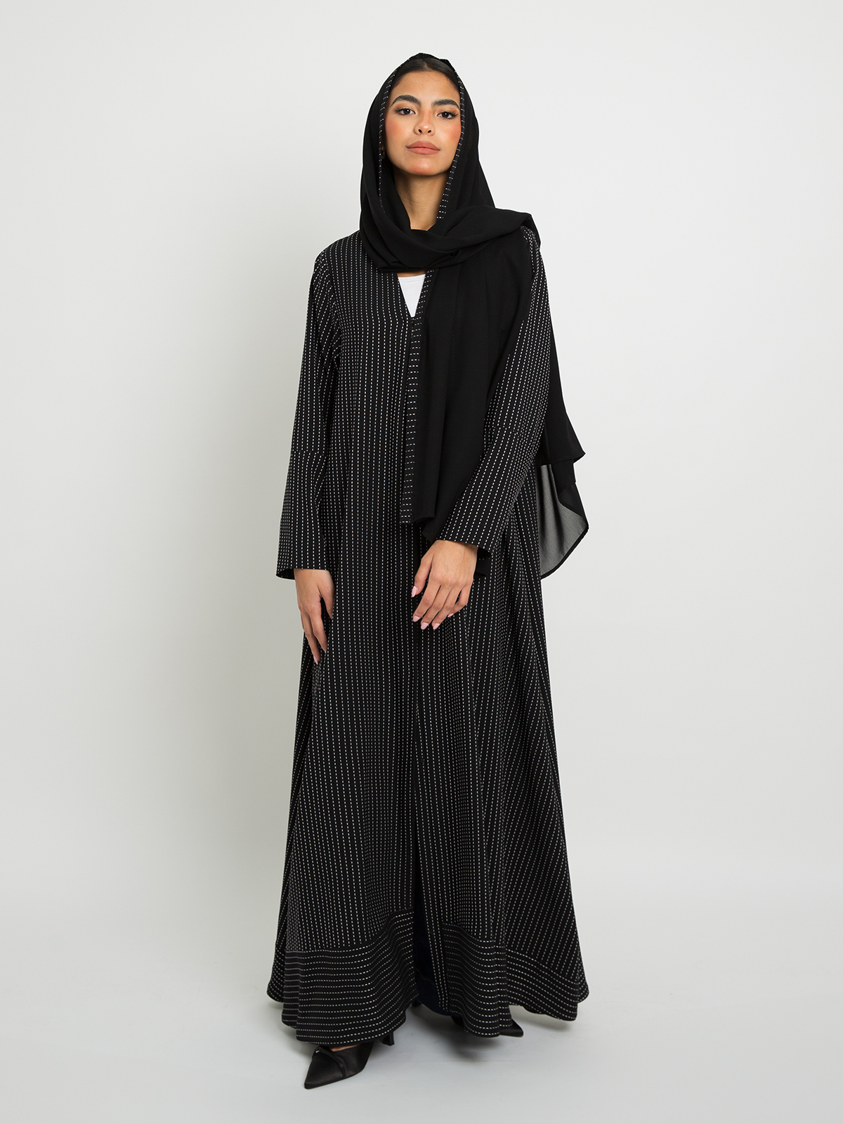 Black - A Cut Half Cloche Closed Front Abaya in Striped Salona Fabric