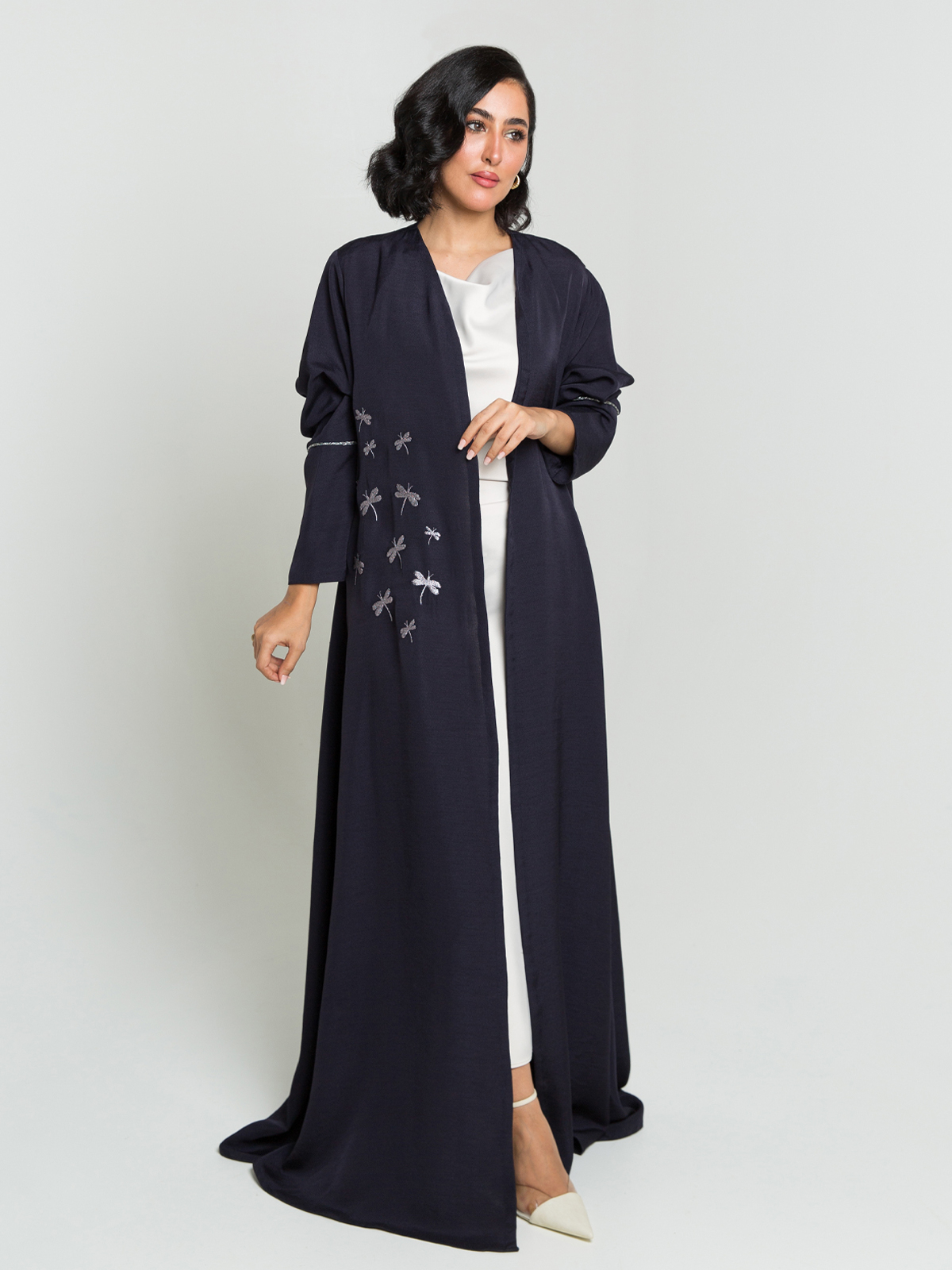 Navy Dragonfly Dance Embroidery A-Cut Abaya