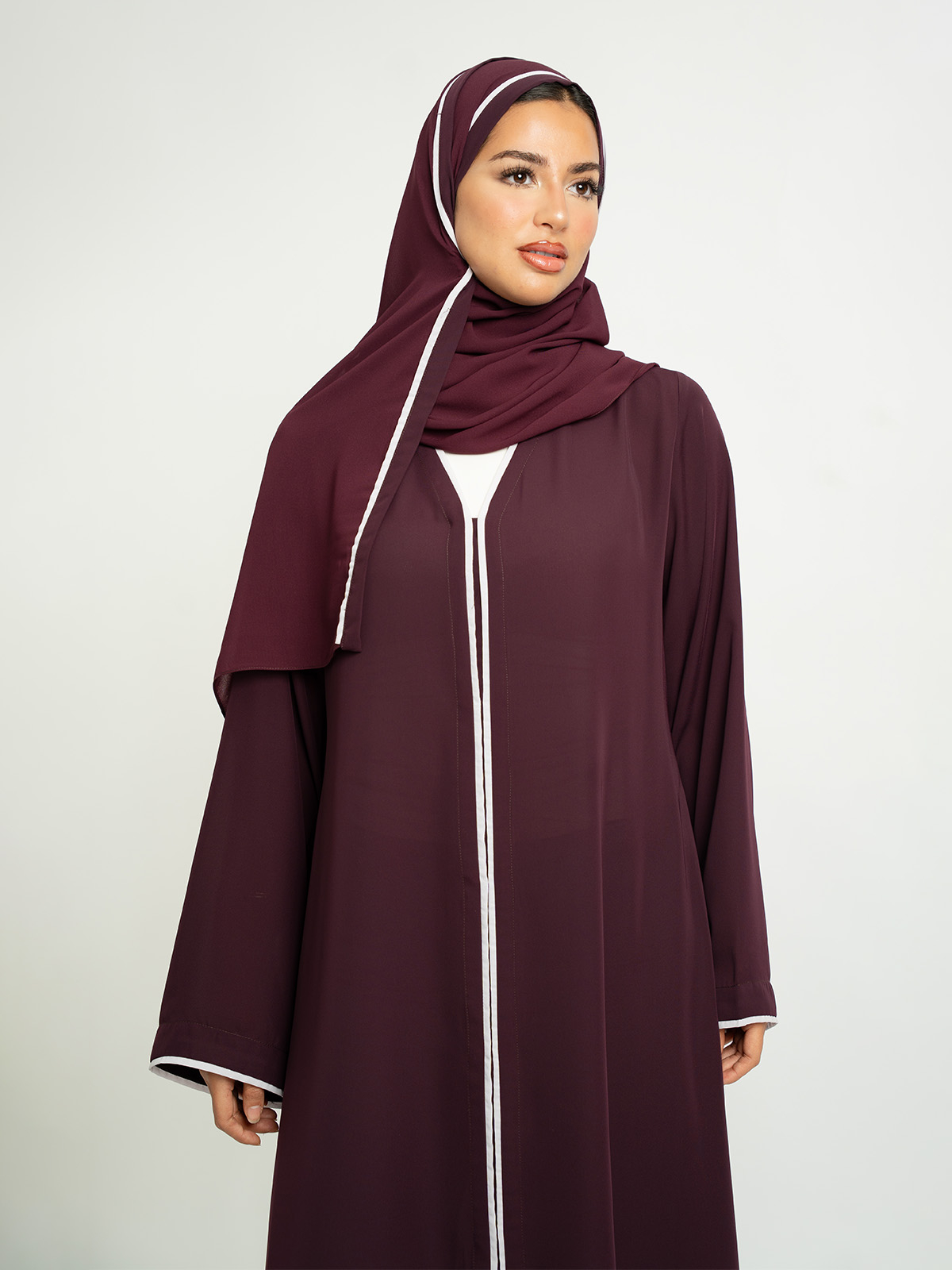 Purple A-Cut Closed Abaya with Contrast Piping