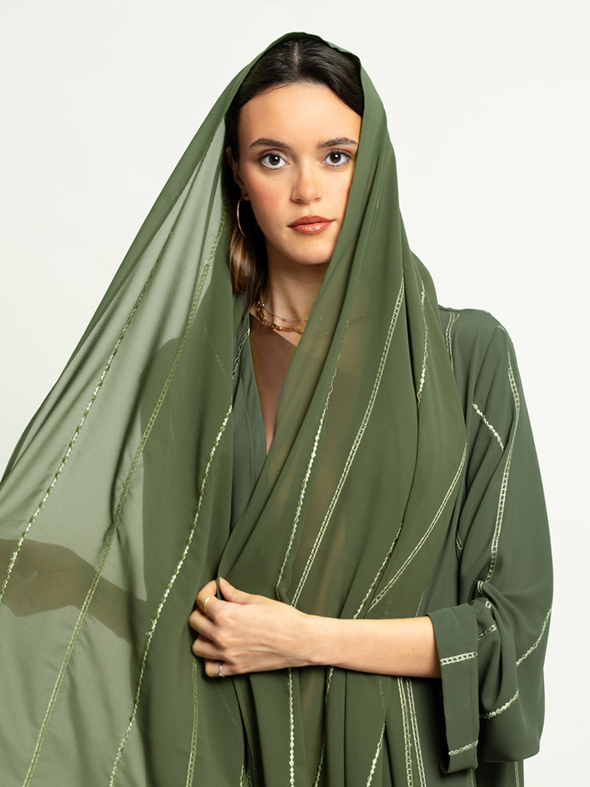 Olive Green Chained Lines A-Cut Abaya