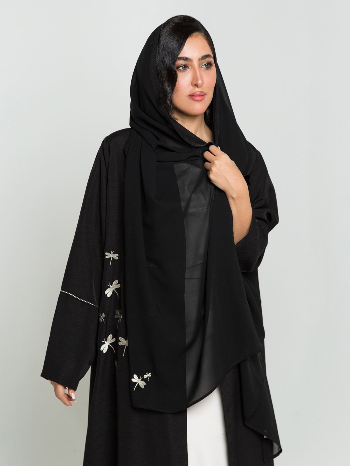 Black Dragonfly Dance Embroidery A-Cut Abaya