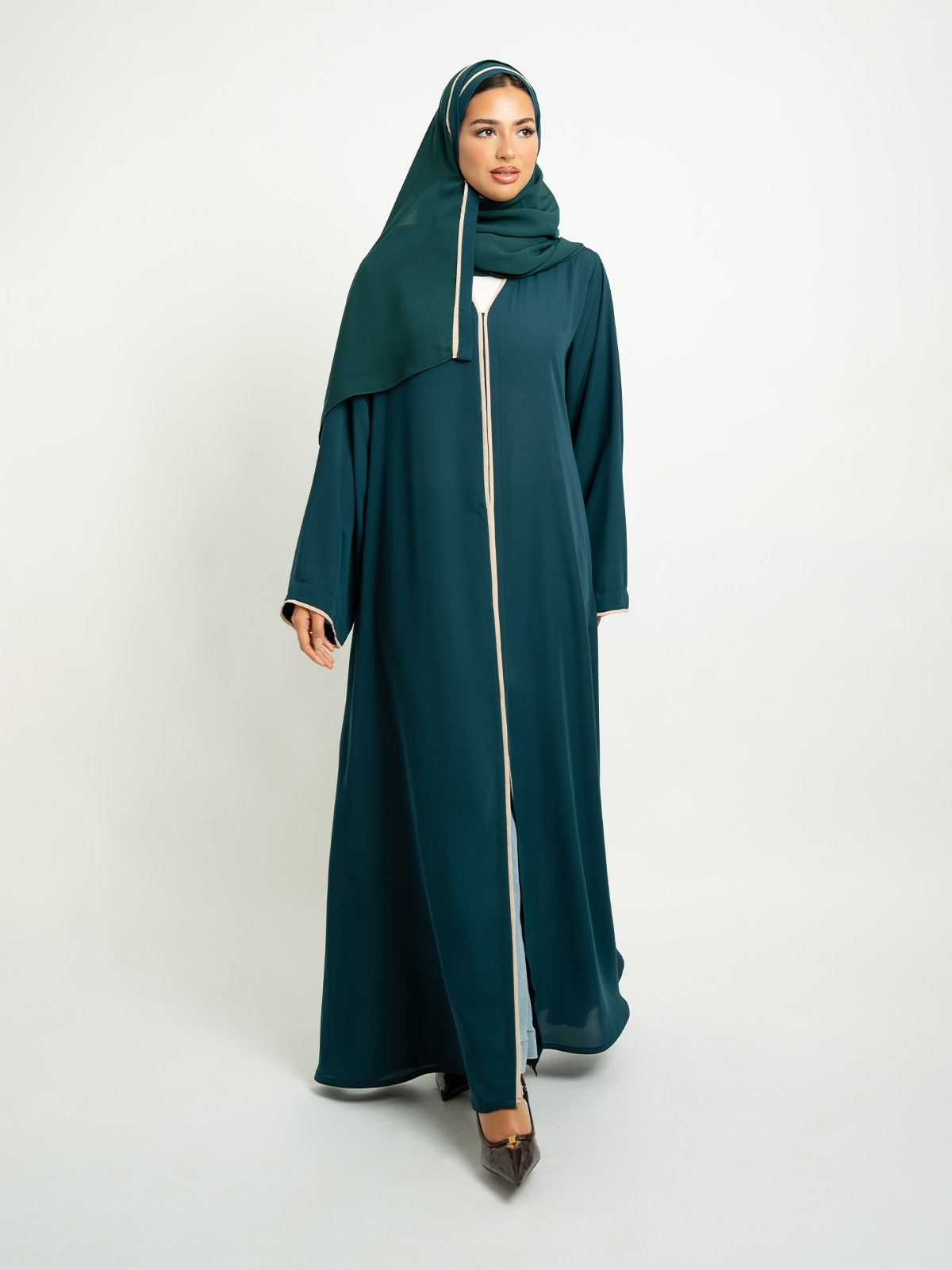 Grass Green A-Cut Closed Abaya with Contrast Piping