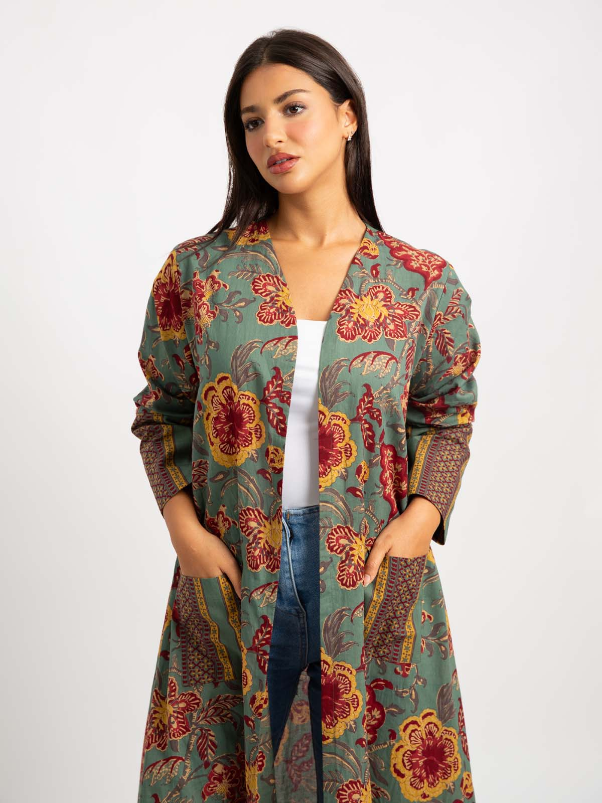 Pale Teal Vintage Flowery A-Cut Abaya