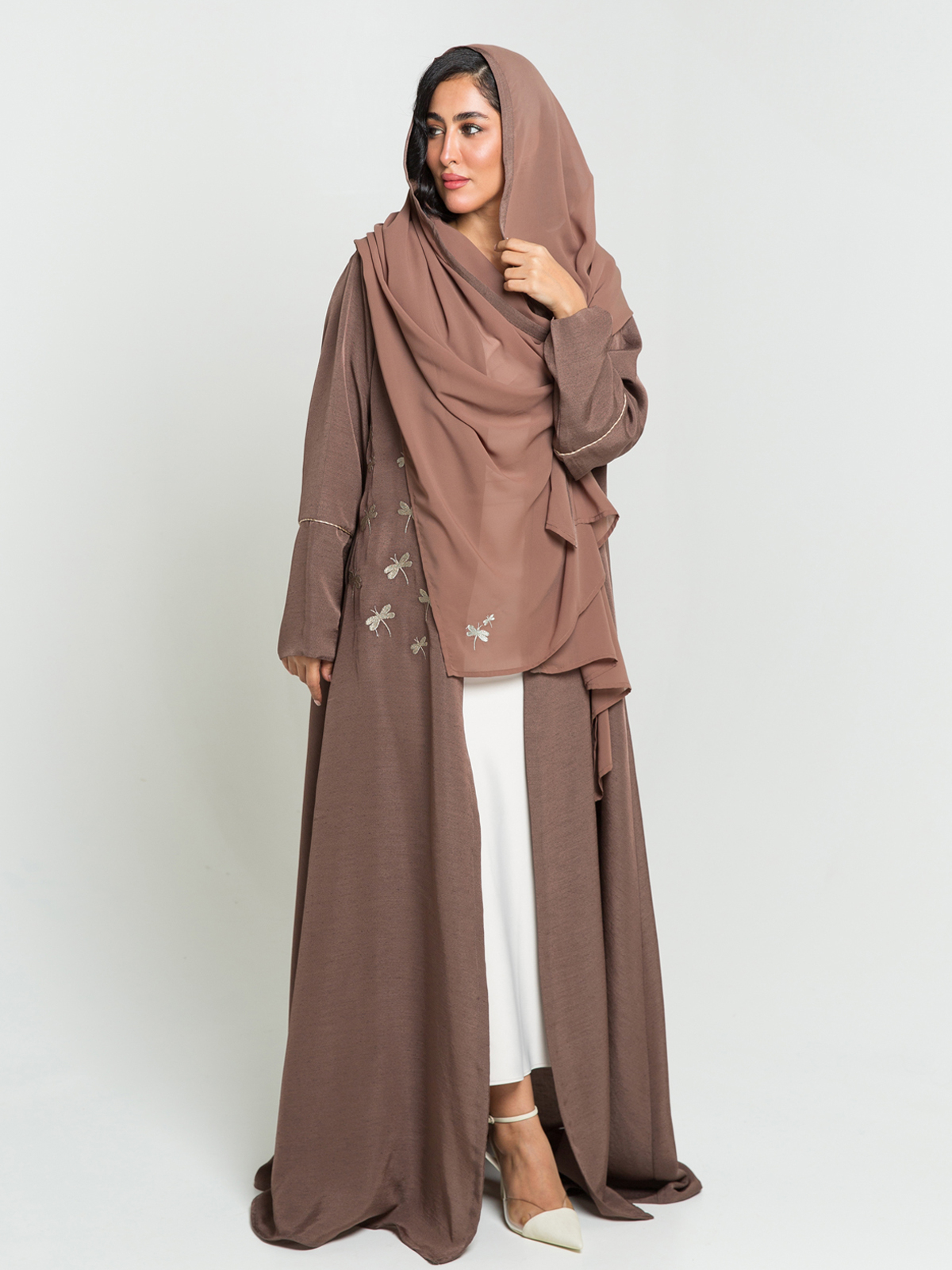 Brown Dragonfly Dance Embroidery A-Cut Abaya