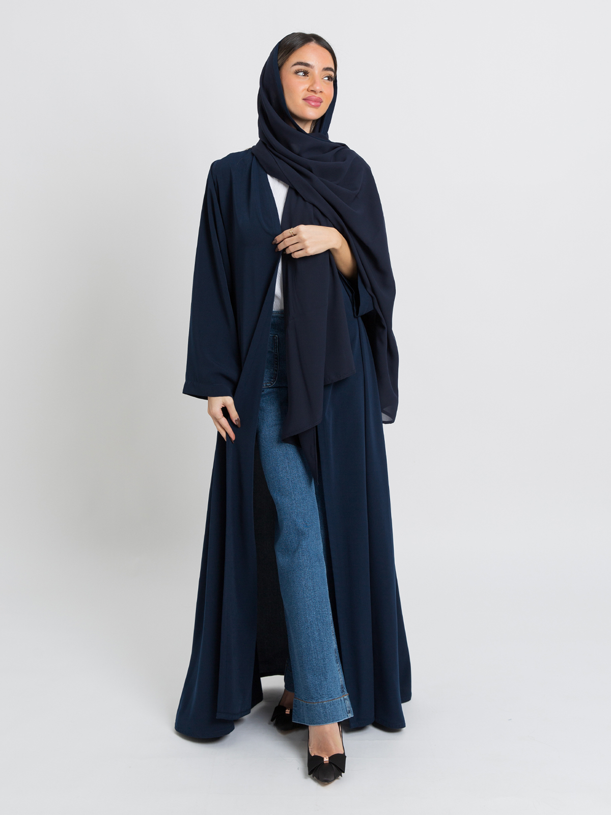 Navy Half Cloche A-Cut Long Open Abaya