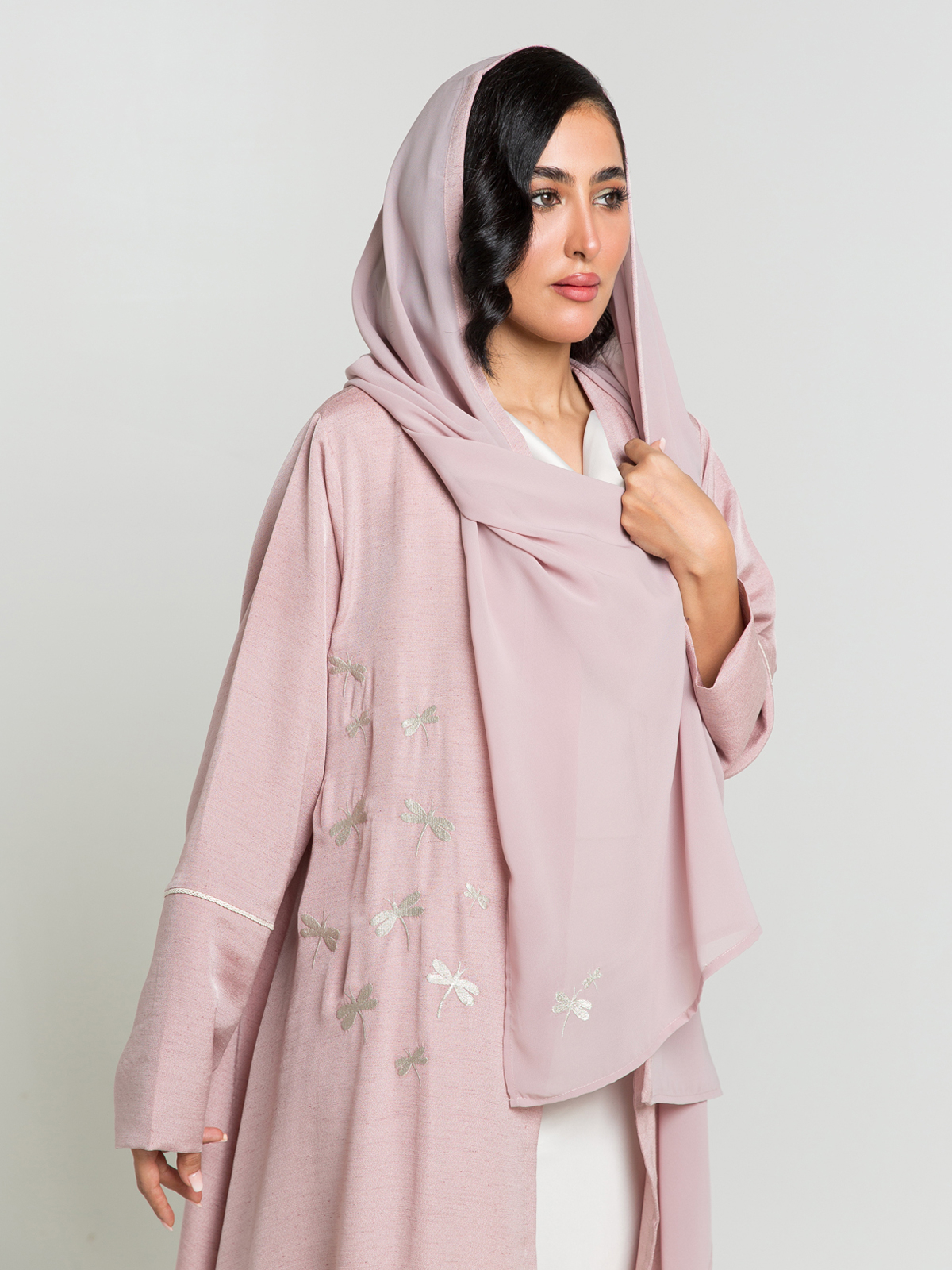 Pink Dragonfly Dance Embroidery A-Cut Abaya