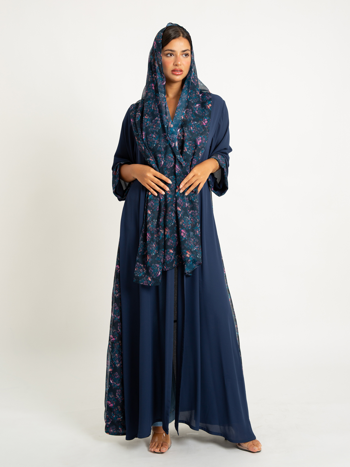 Navy Damask A-Cut Abaya