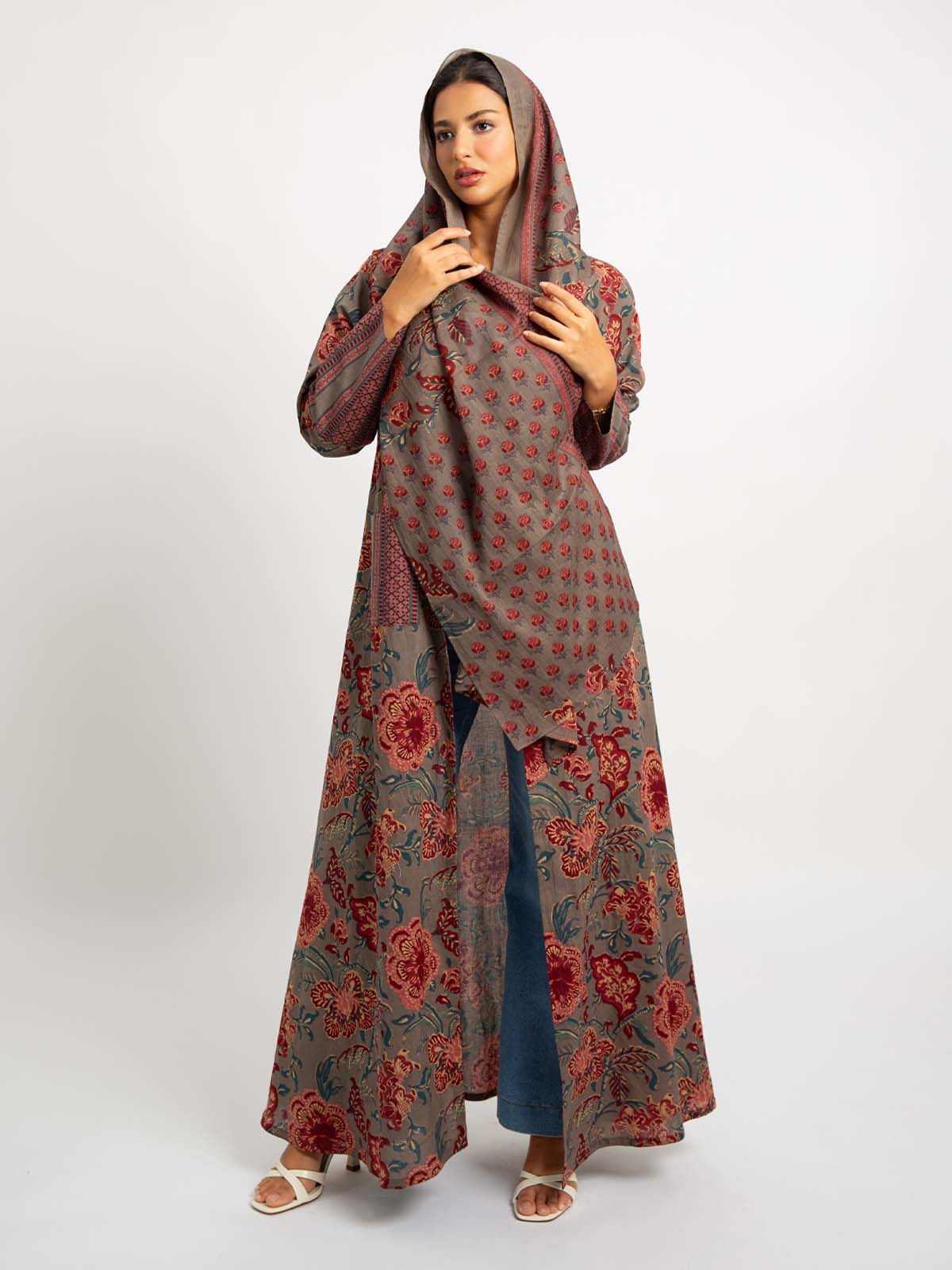 Gray Vintage Flowery A-Cut Abaya