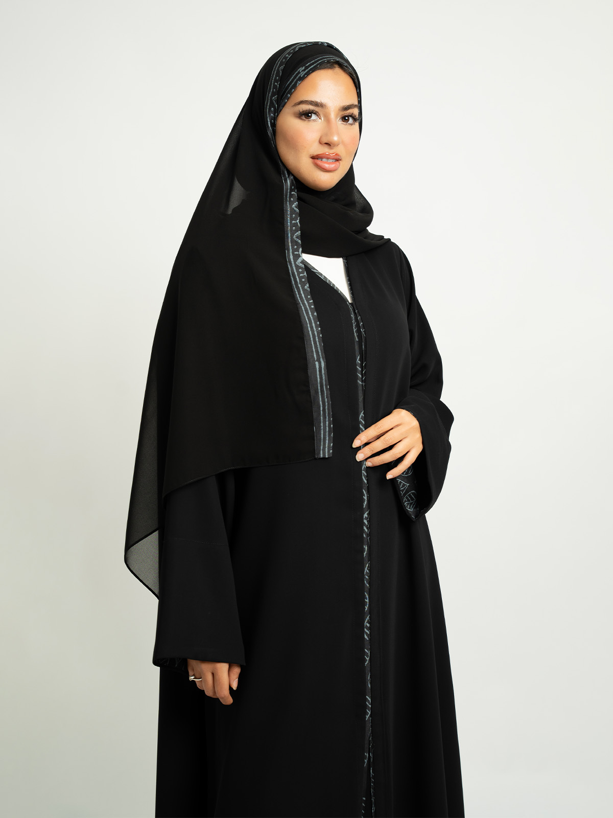 Black with Gray Leaves Motif Closed A-Cut Abaya