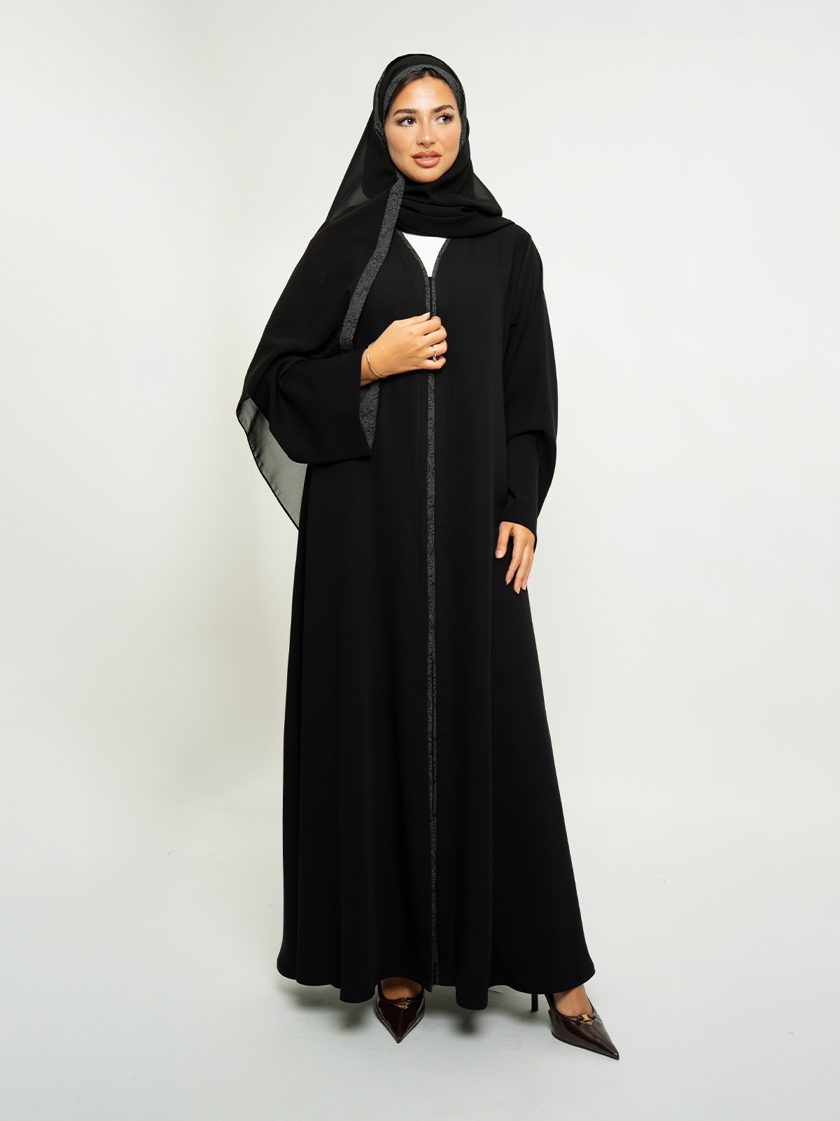Black with Gray Garden Motif Closed A-Cut Abaya
