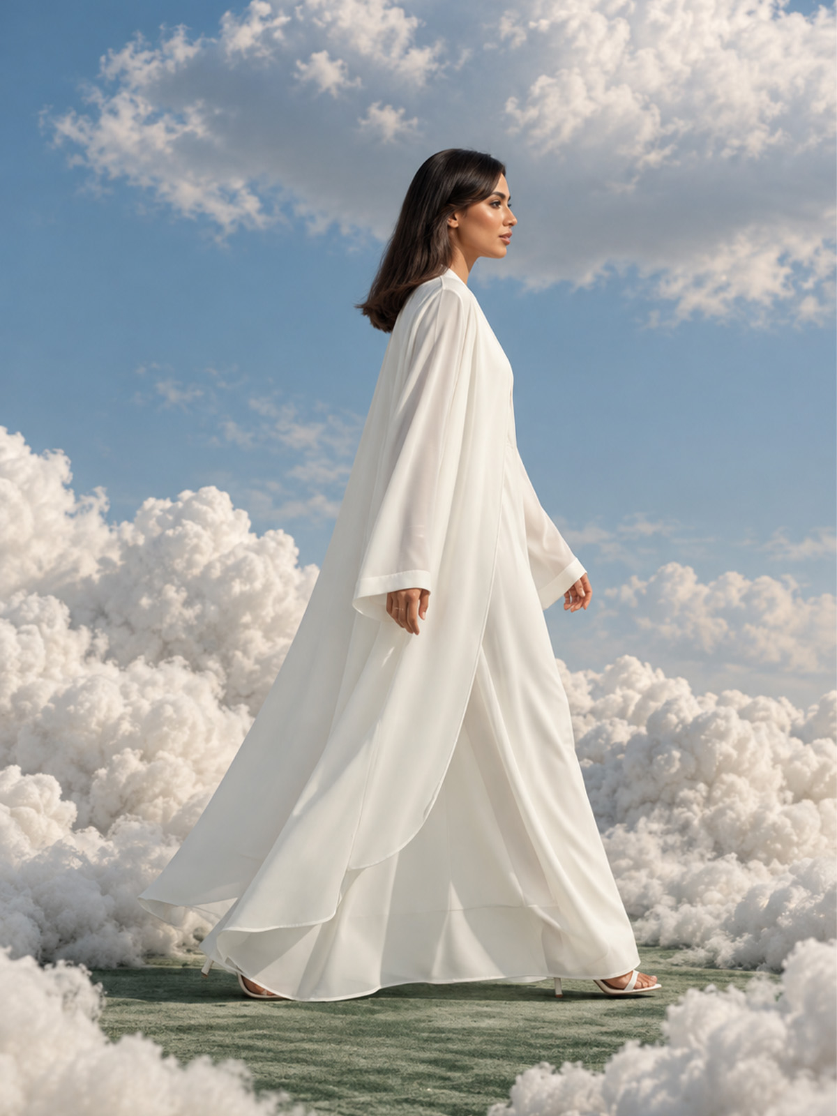 Off white half cloche A cut abaya in high quality crepe fabric by kaafmeem color of the year 2032