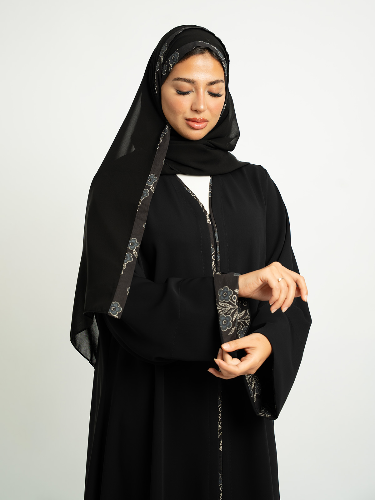 Black with Floral Berries Motif Closed A-Cut Abaya