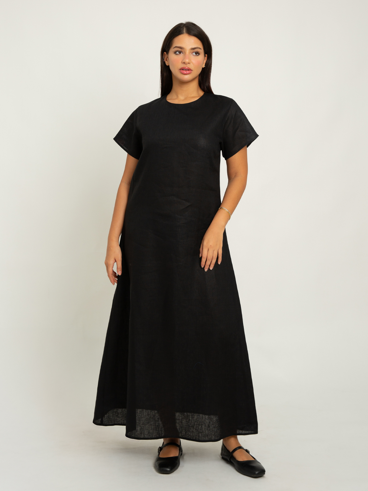 Black Short Sleeves Linen Dress