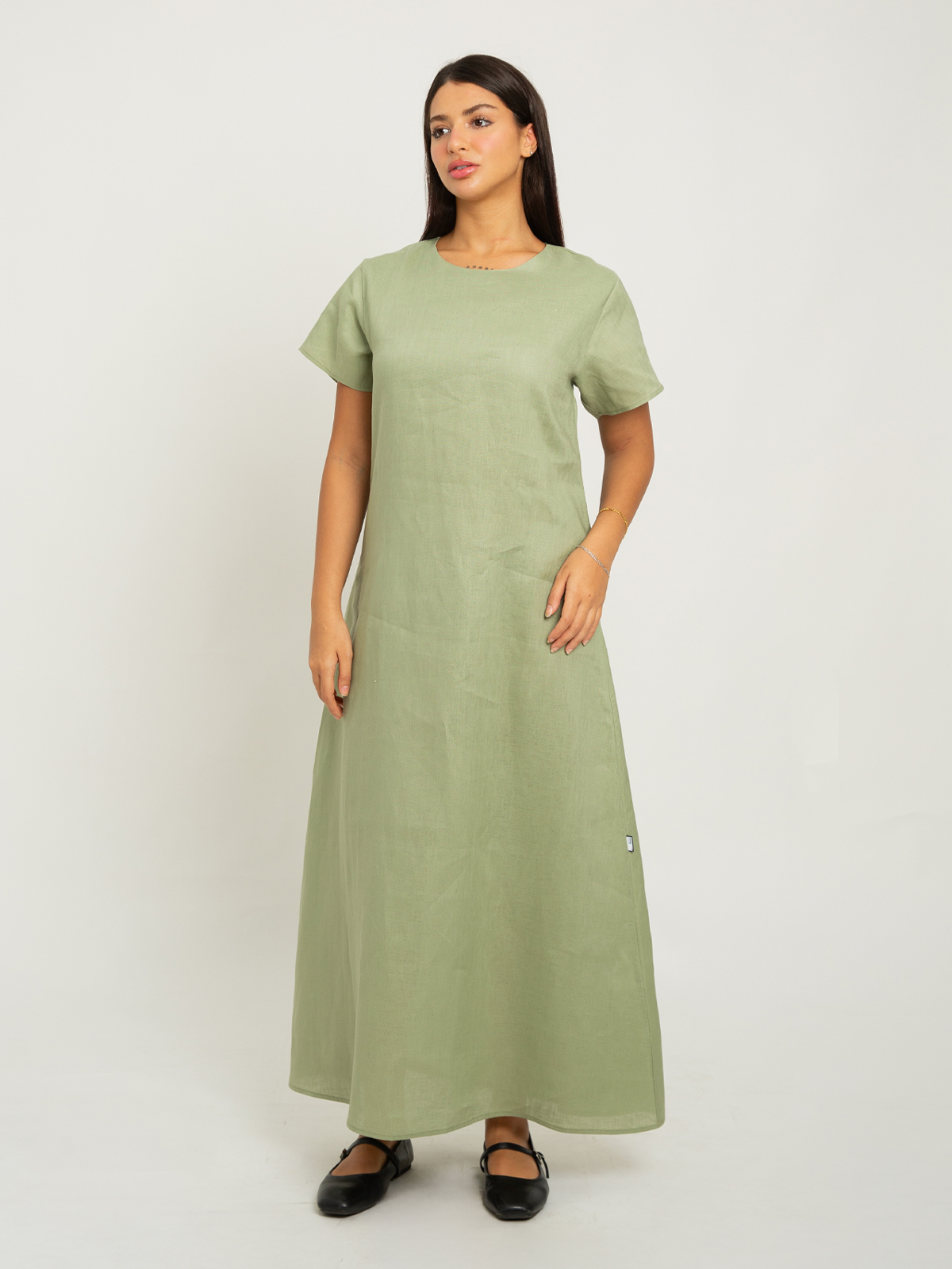 Light Olive Short Sleeves Linen Dress