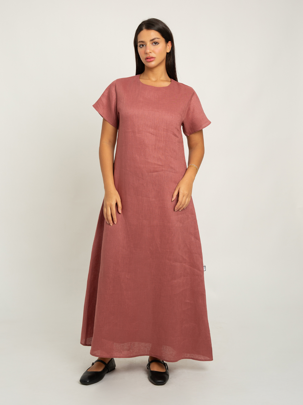 Dusty Rose Short Sleeves Linen Dress