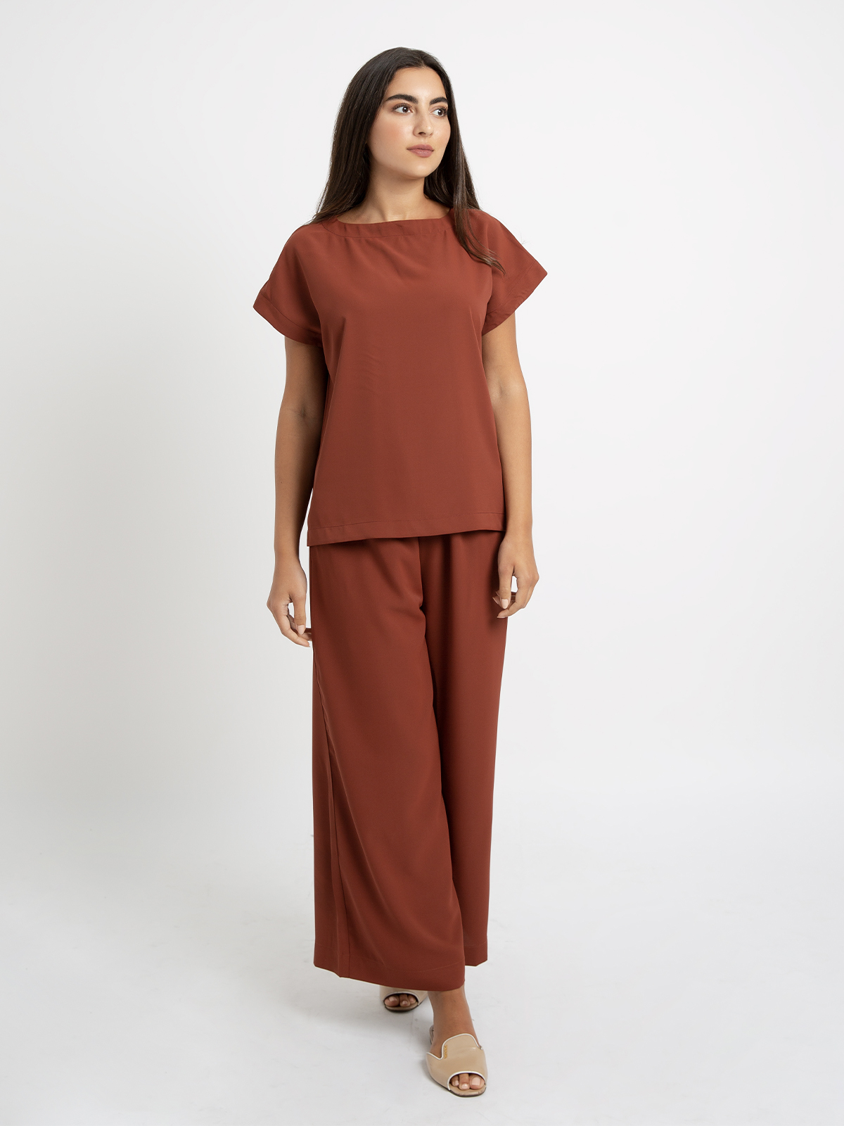 Kaafmeem women clothing brick trouser and top under the abaya matching set in soft fabric coords for everyday wear