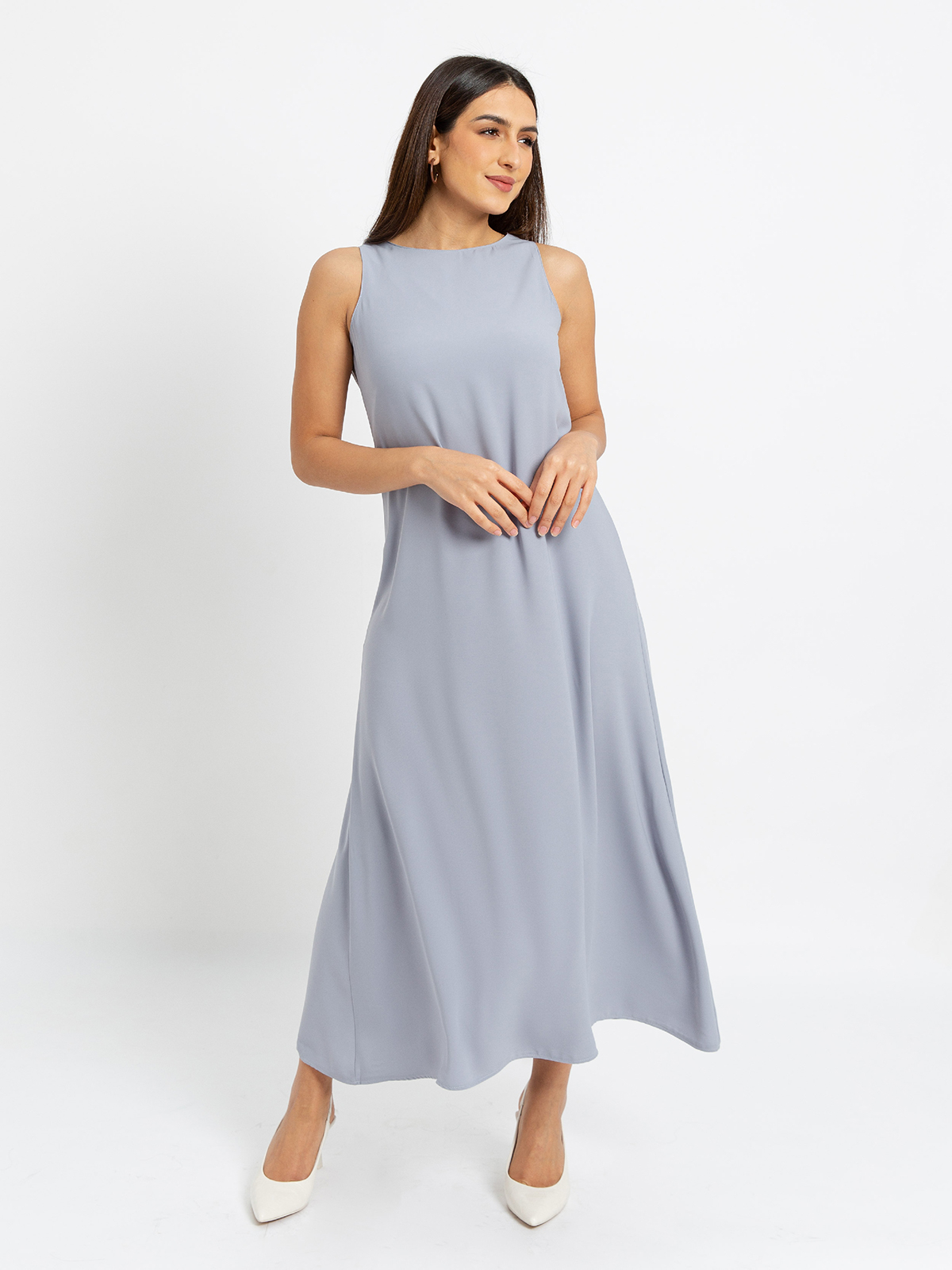Gray - Light Sleeveless Long Dress