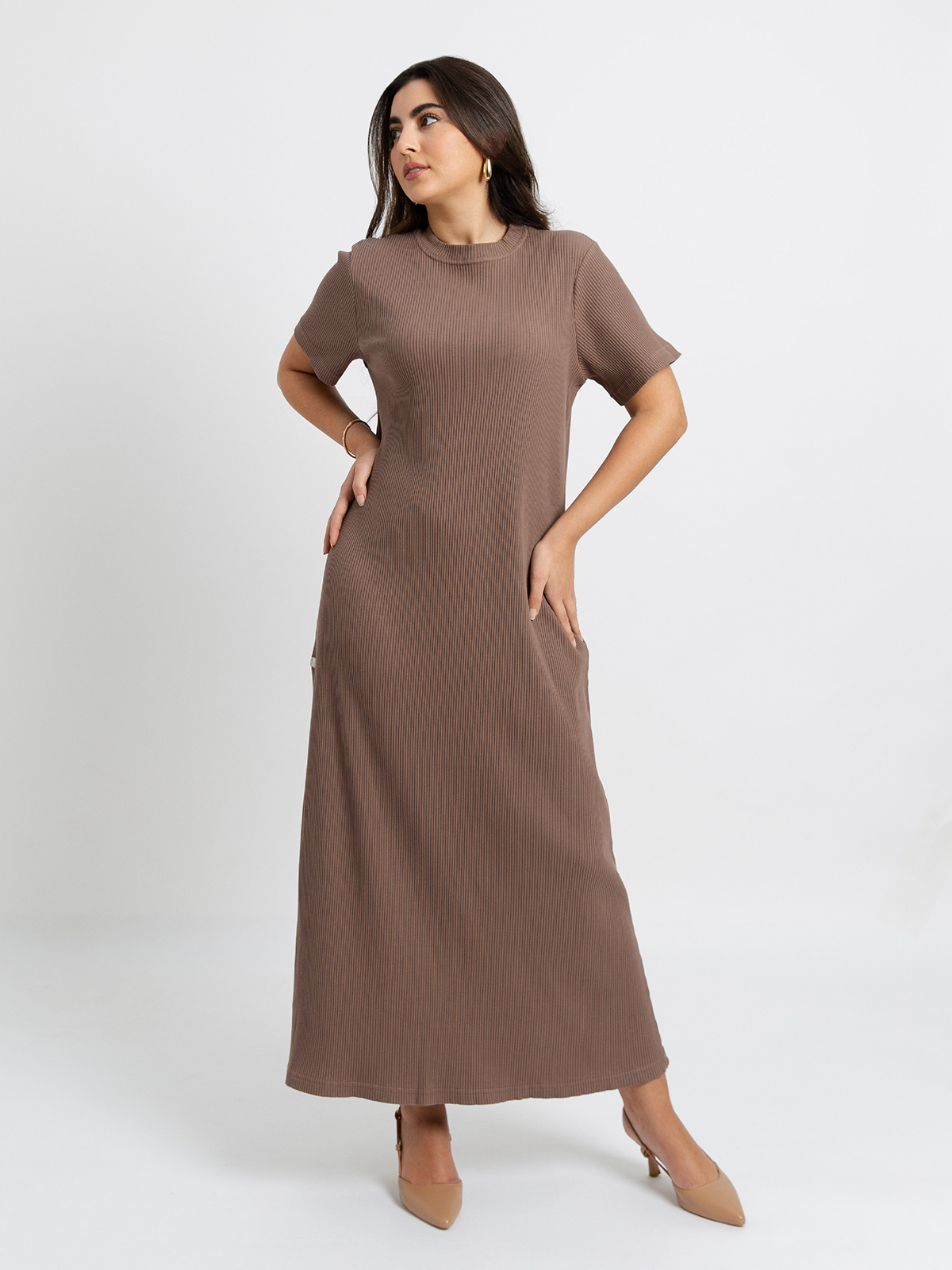 Brown - Knitted Long Dress