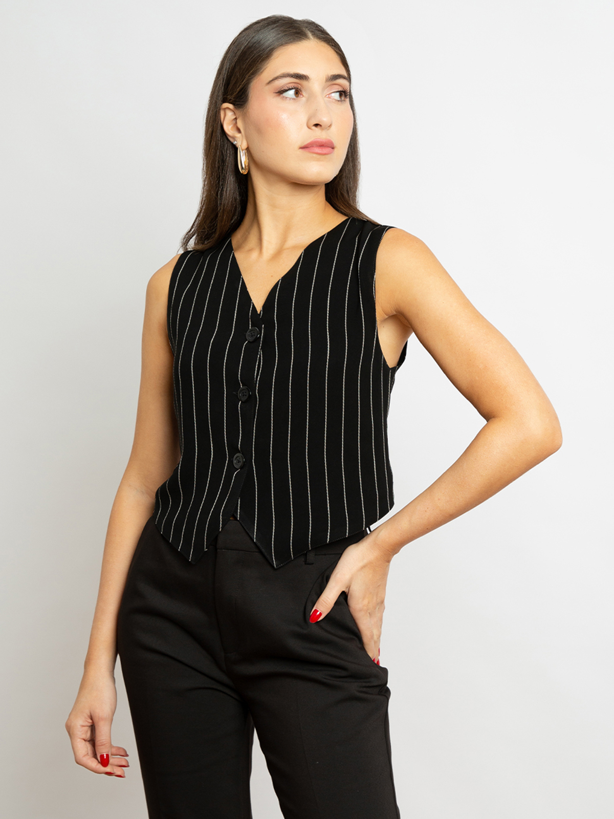 Formal v neck under abaya vest striped black color regular fit cut for formal meetings and events
