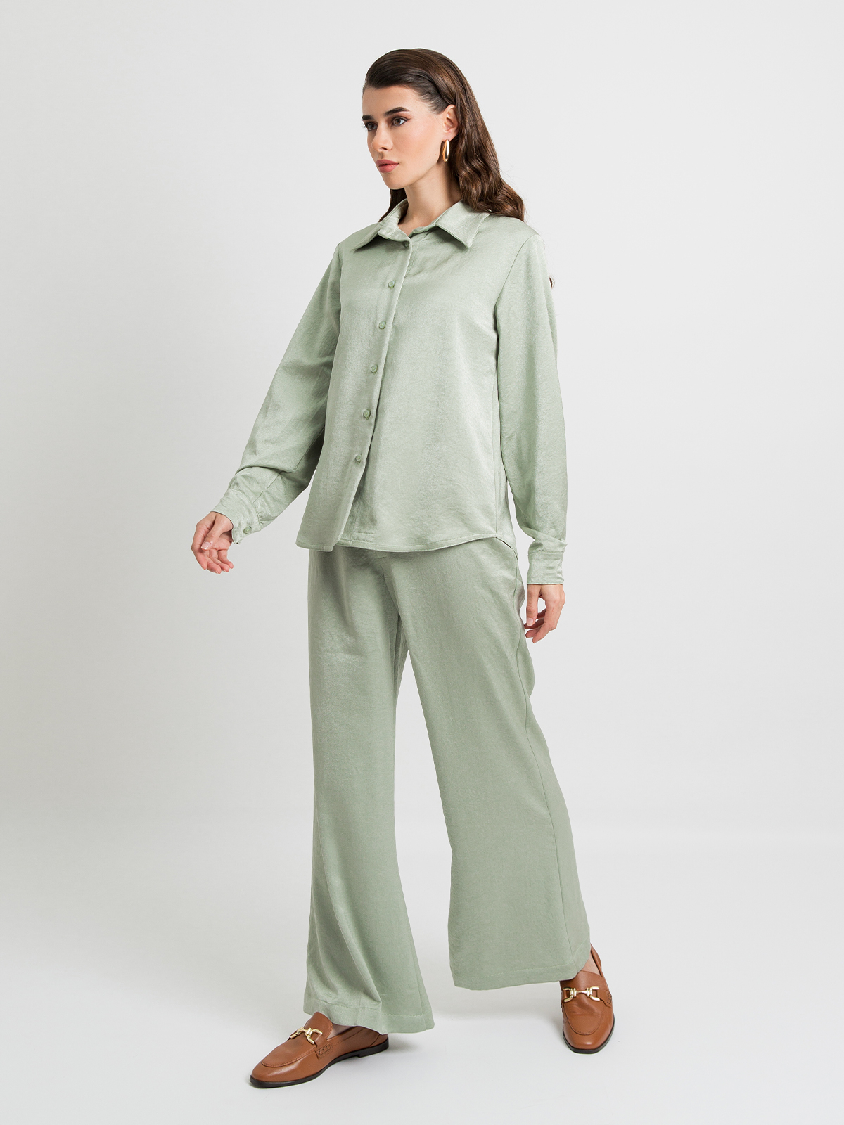 Pistachio - Flared Pants With Reguler-fit Shirt Set in Soft & Silky-feel Fabric