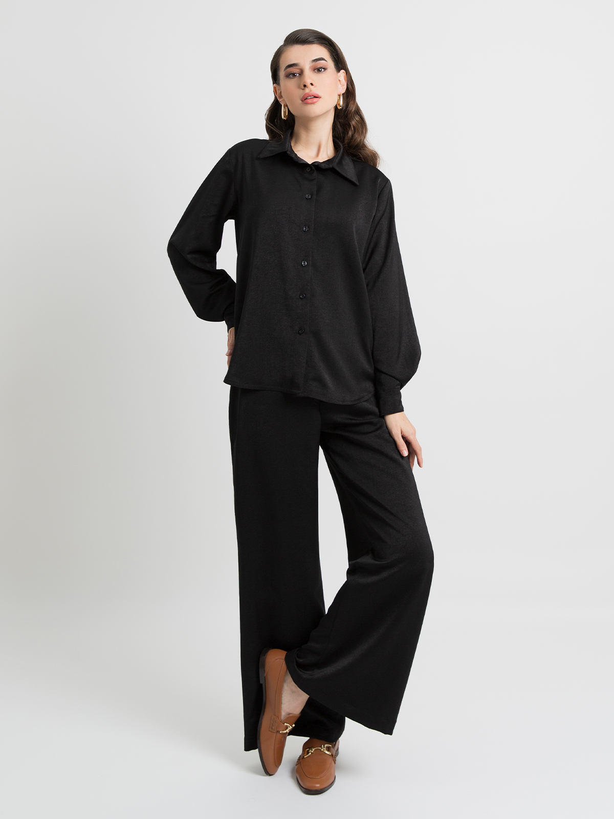 Black - Flared Pants With Reguler-fit Shirt Set in Soft & Silky-feel Fabric