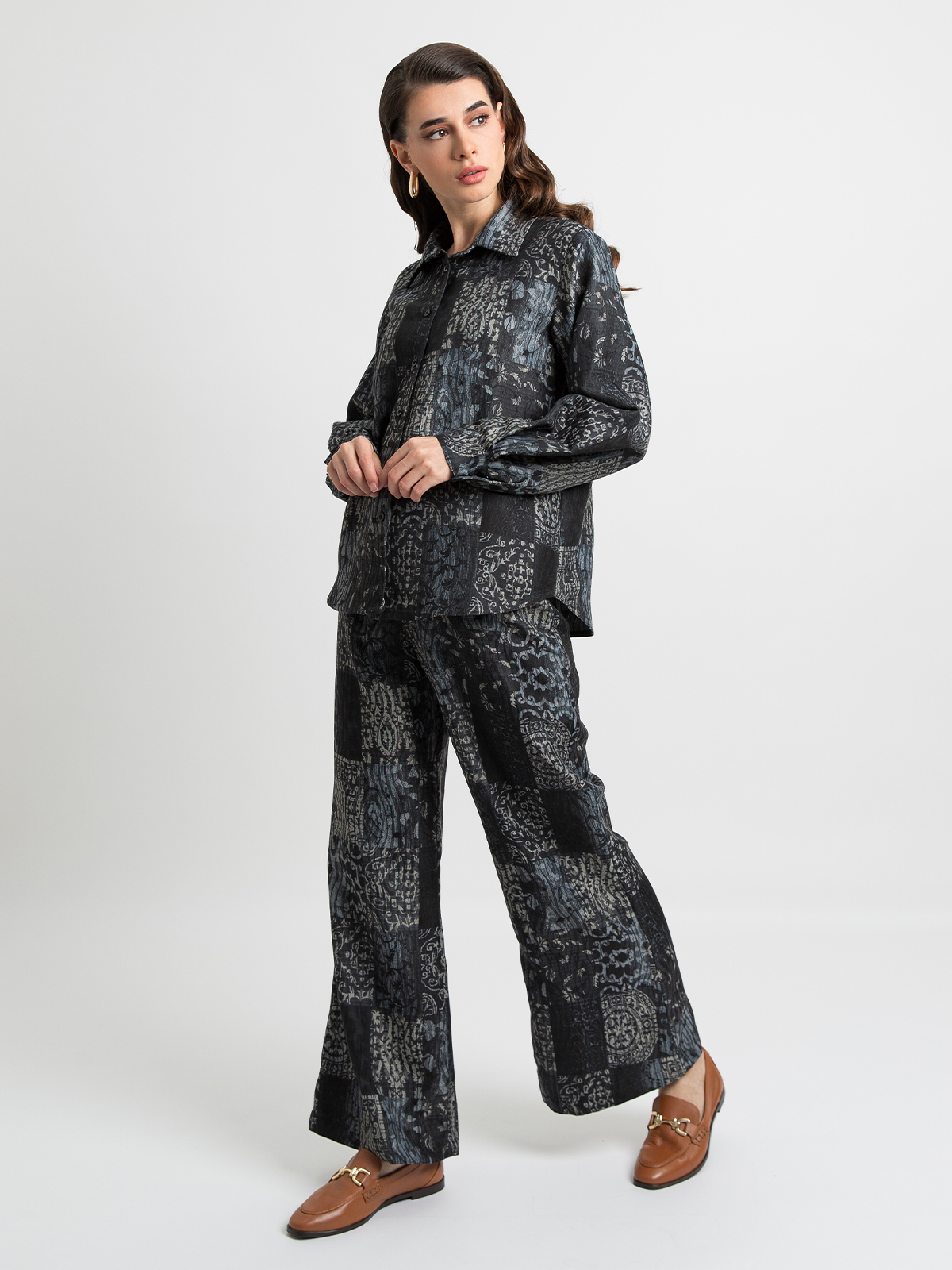 Dark Gray with Boho Print - Flared Pants With Reguler-fit Shirt Set in Cotton-feel Fabric
