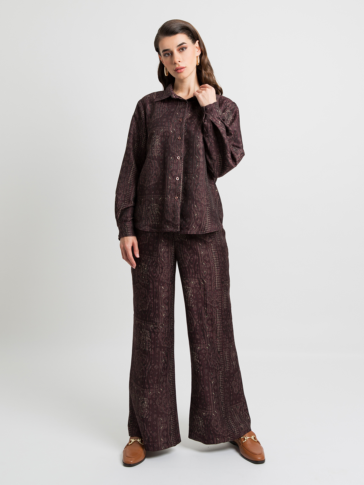 Maroon Bandana Print - Flared Pants With Reguler-fit Shirt Set in Cotton-feel Fabric