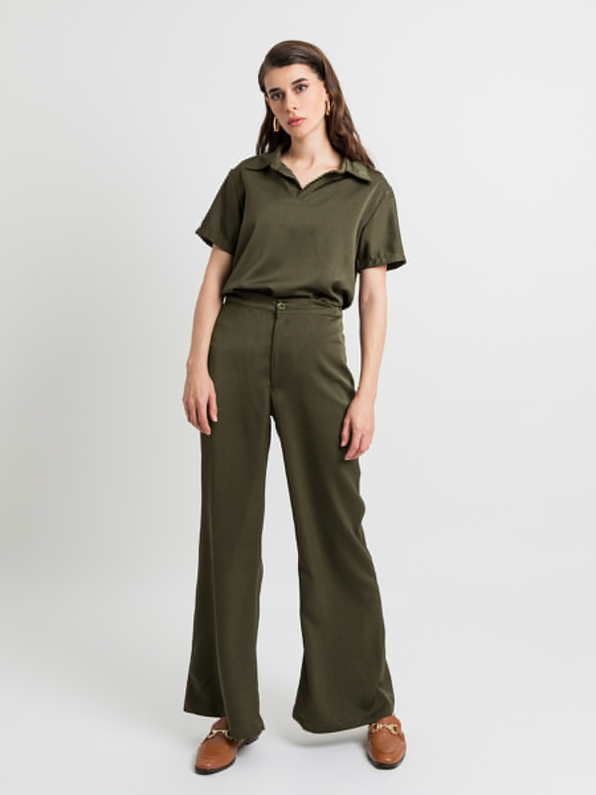 Olive - Flared Pants With Polo Shirt Set in Soft & Silky-feel Fabric
