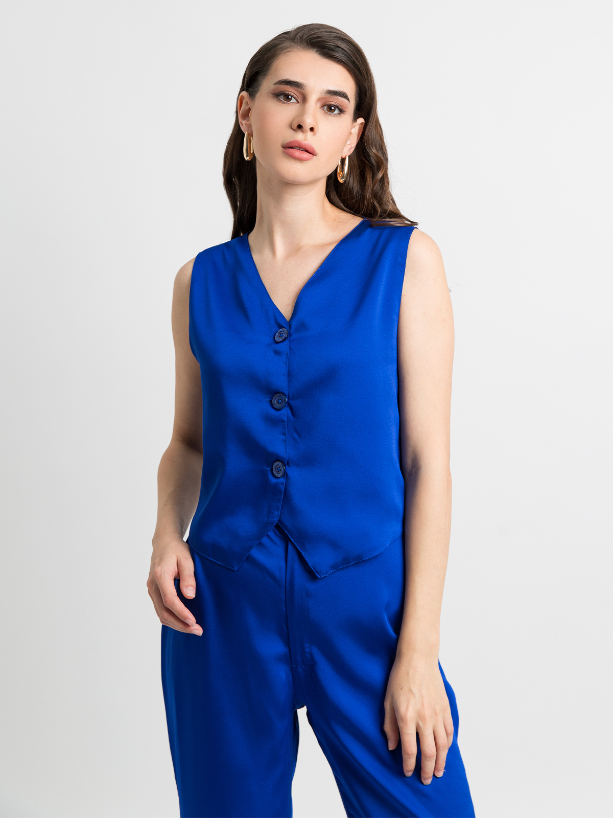 Blue - Flared Pants With Vest Set in Soft & Silky-feel Fabric