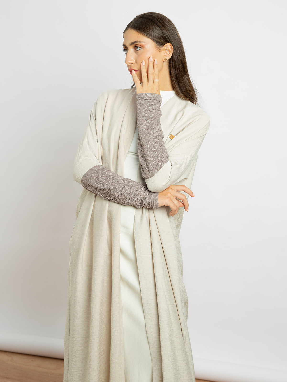 Kaafmeem women clothing regular fit beige half bisht long open fancy abaya with stretchy sleeves in practical fabric