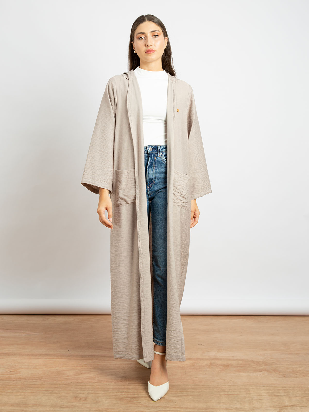  Beige - Long Open Regular-fit Abaya in Linen-feel Crepe with Hoodie