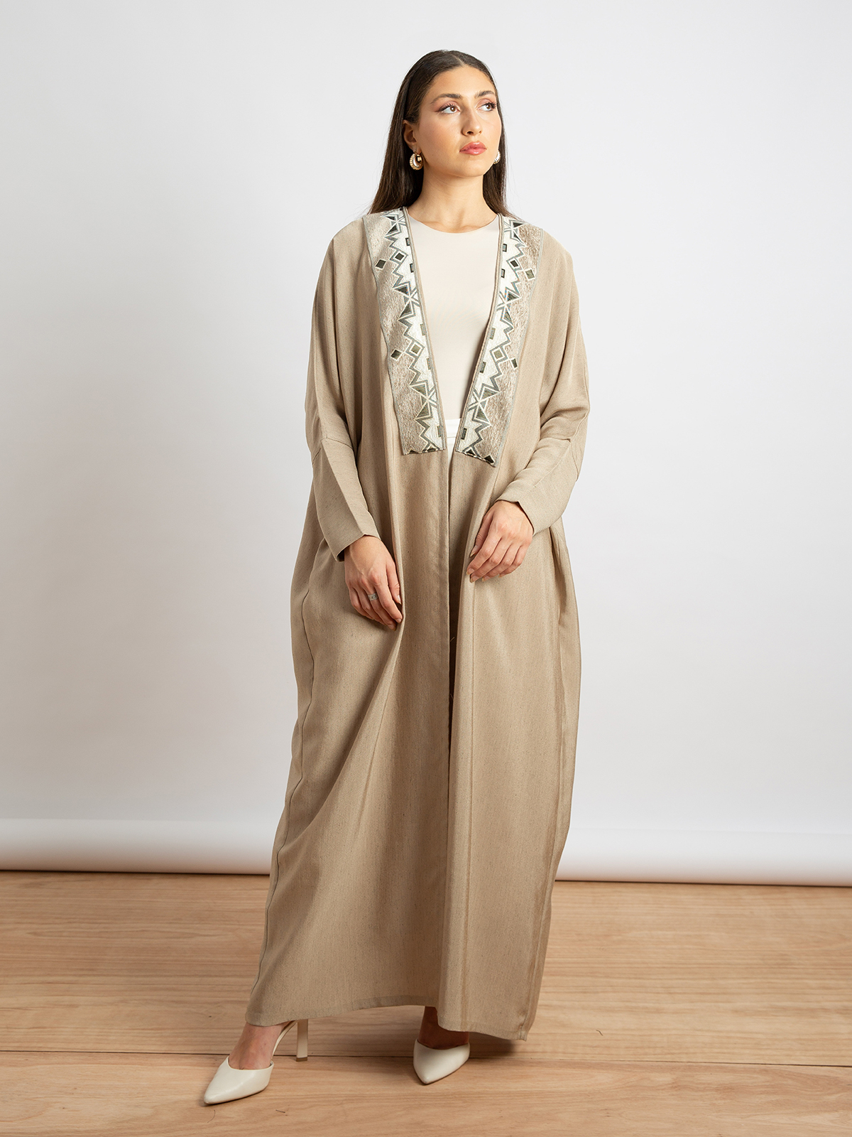 Kaafmeem women clothing wide fit beige half bisht long fancy abaya with geometric embroidery in salona fabric
