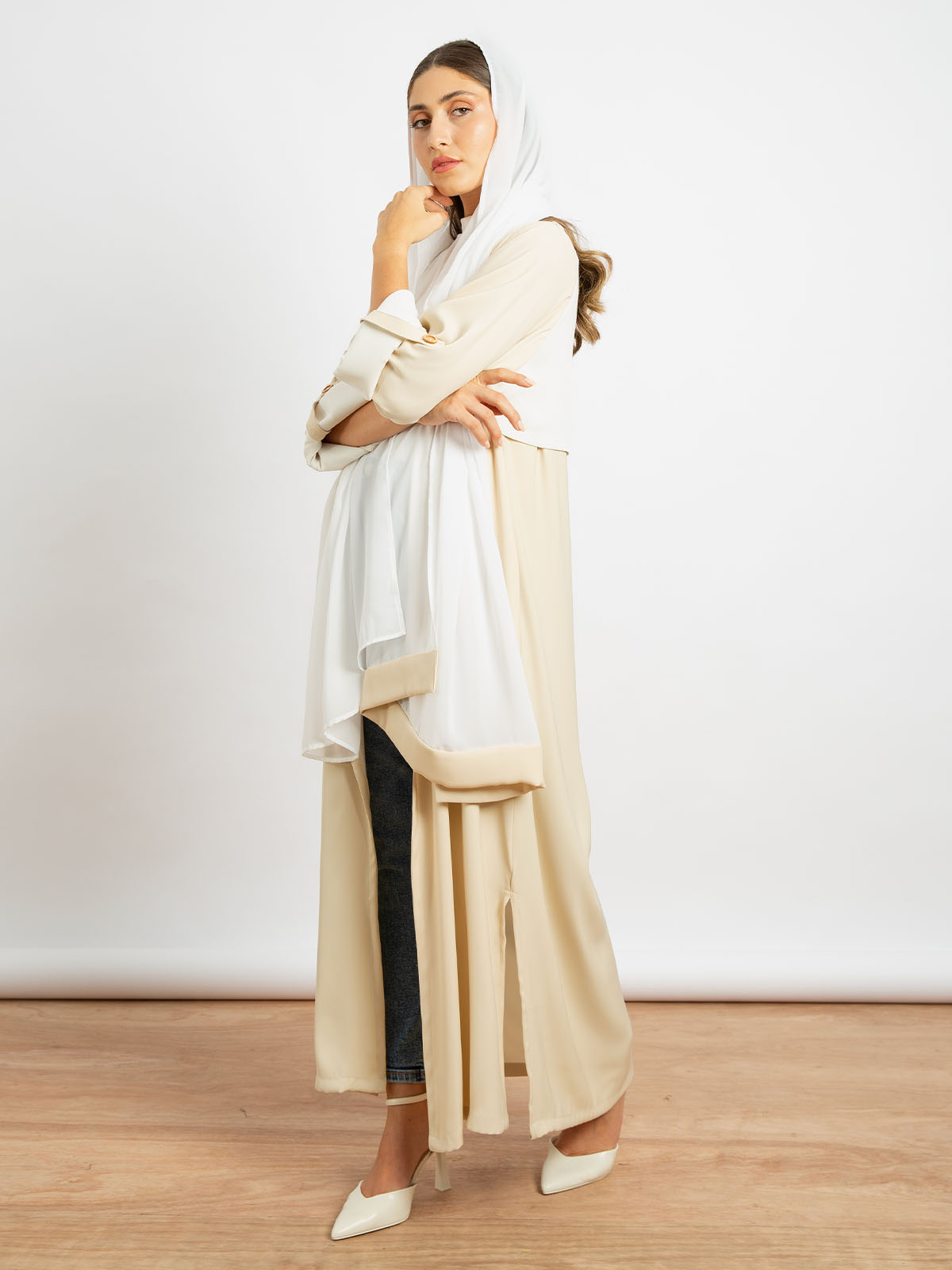 Beige with Off-white - Crepe Casual Regular-fit Long Open Abaya with Yoke 
