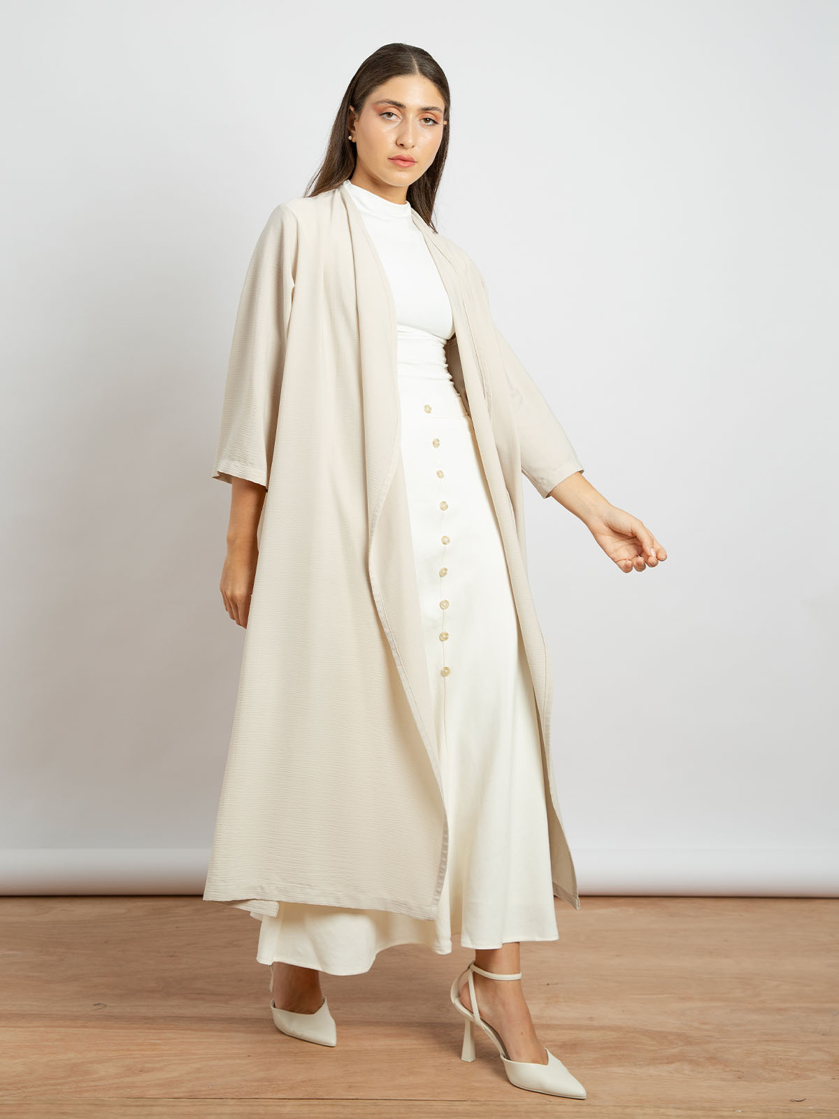 Kaafmeem women clothing regular fit plain beige color open midi abaya in yoryu fabric