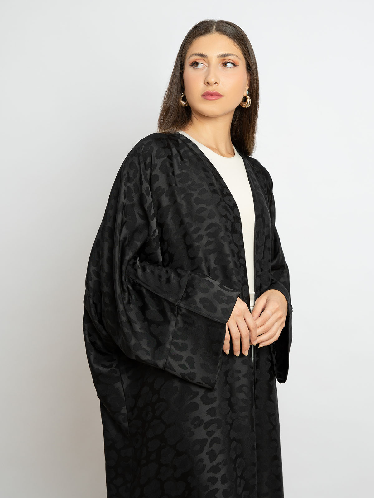 Kaafmeem women clothing wide fit black color long fancy open abaya with cheetah print in satin feel fabric