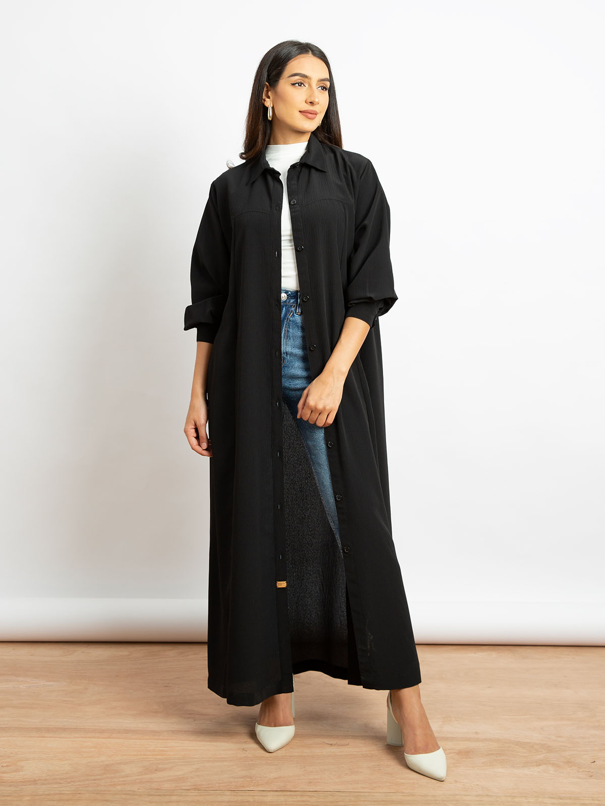 Kaafmeem women clothing regular fit black color long shirt abaya in fancy yoryu fabric with hidden pockets