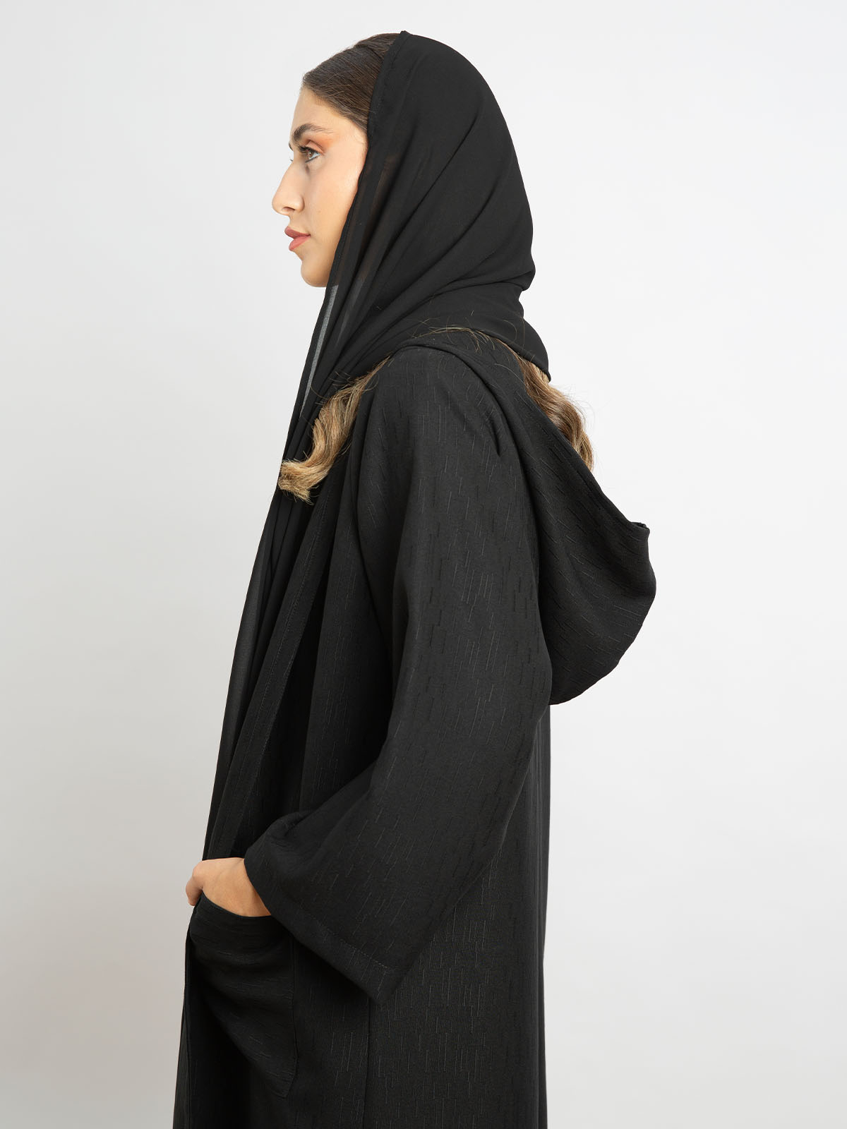 Black - Long Open Regular-fit Abaya in Jacquard with Hoodie