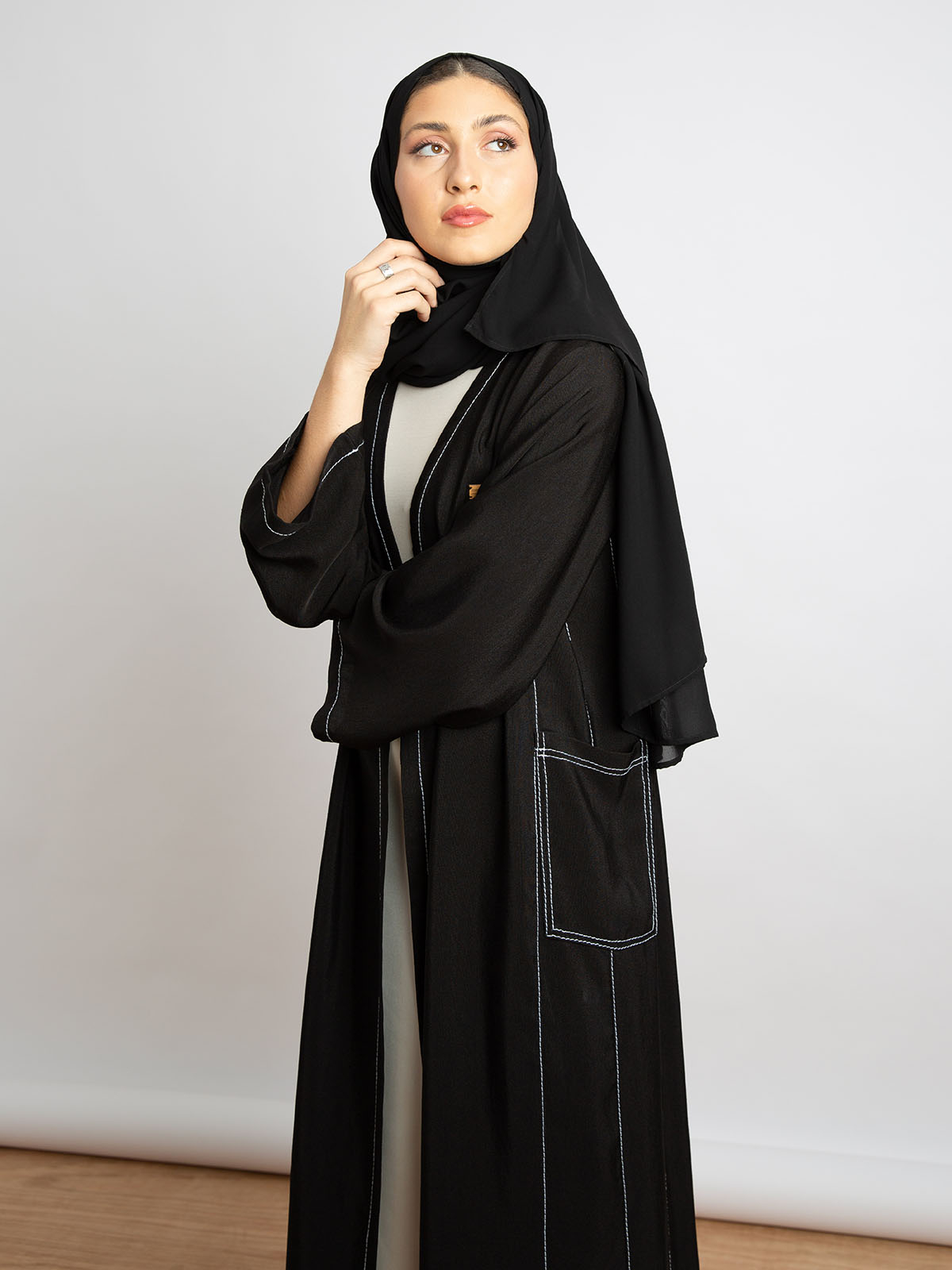 Kaafmeem women clothing regular fit black long practical salona abstract daily abaya with two pockets in lightweight fabric