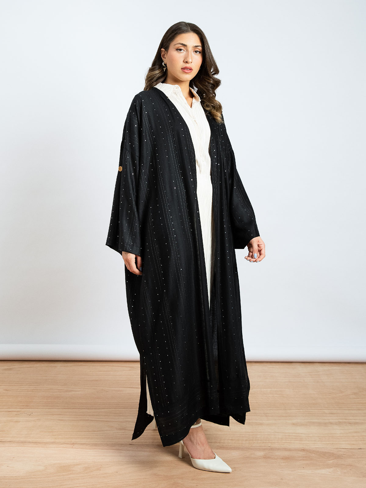 Kaafmeem women clothing wide cut black color long fancy sequin abaya in lightweight fabric for Ramadan nights