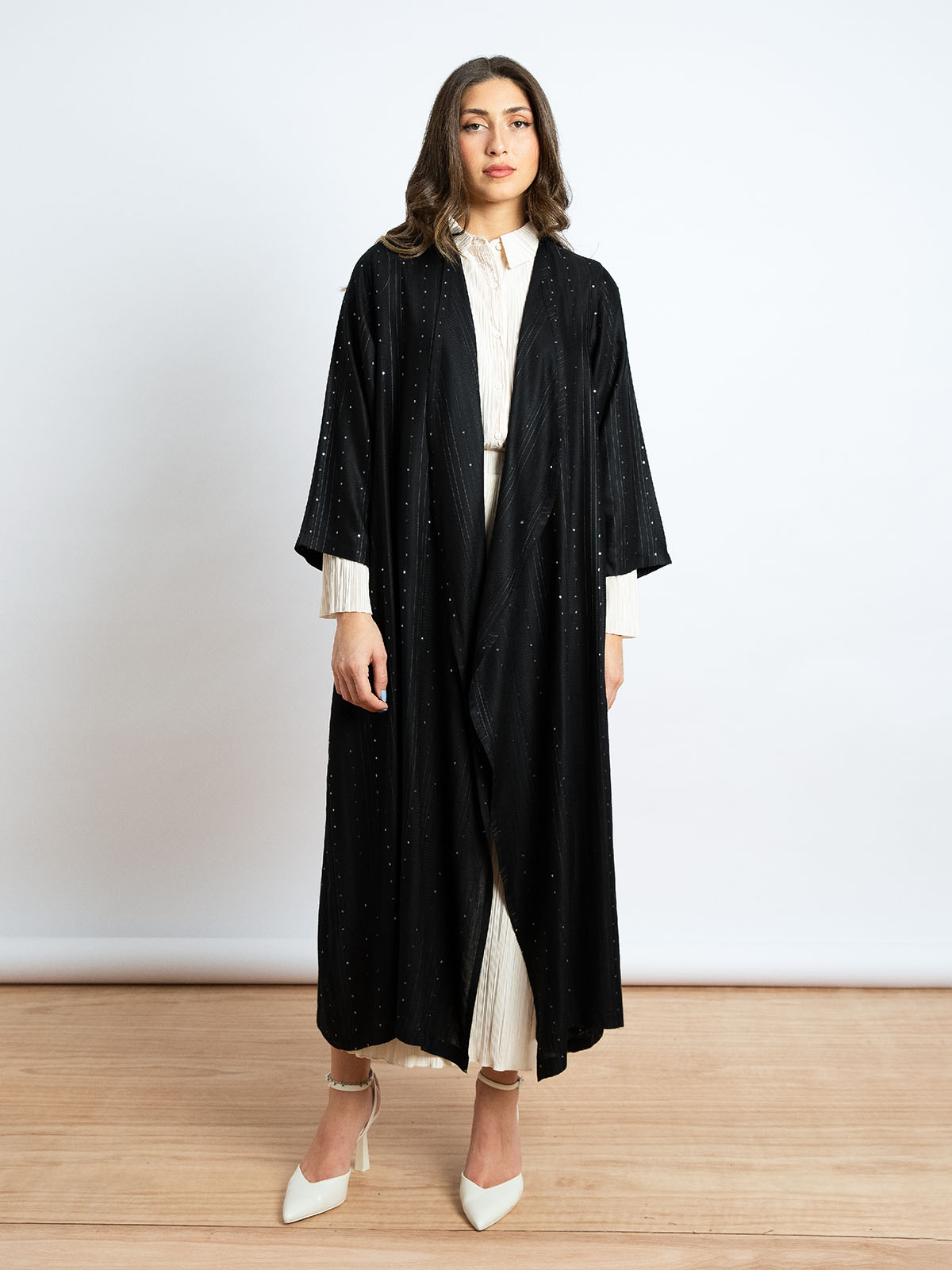 Kaafmeem women clothing regular fit cut black color midi fancy sequin abaya in lightweight fabric for Ramadan nights