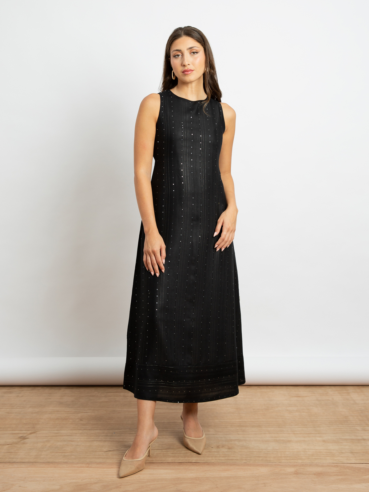 Black Sequin Stripes - Sleeveless Long Dress with Belt