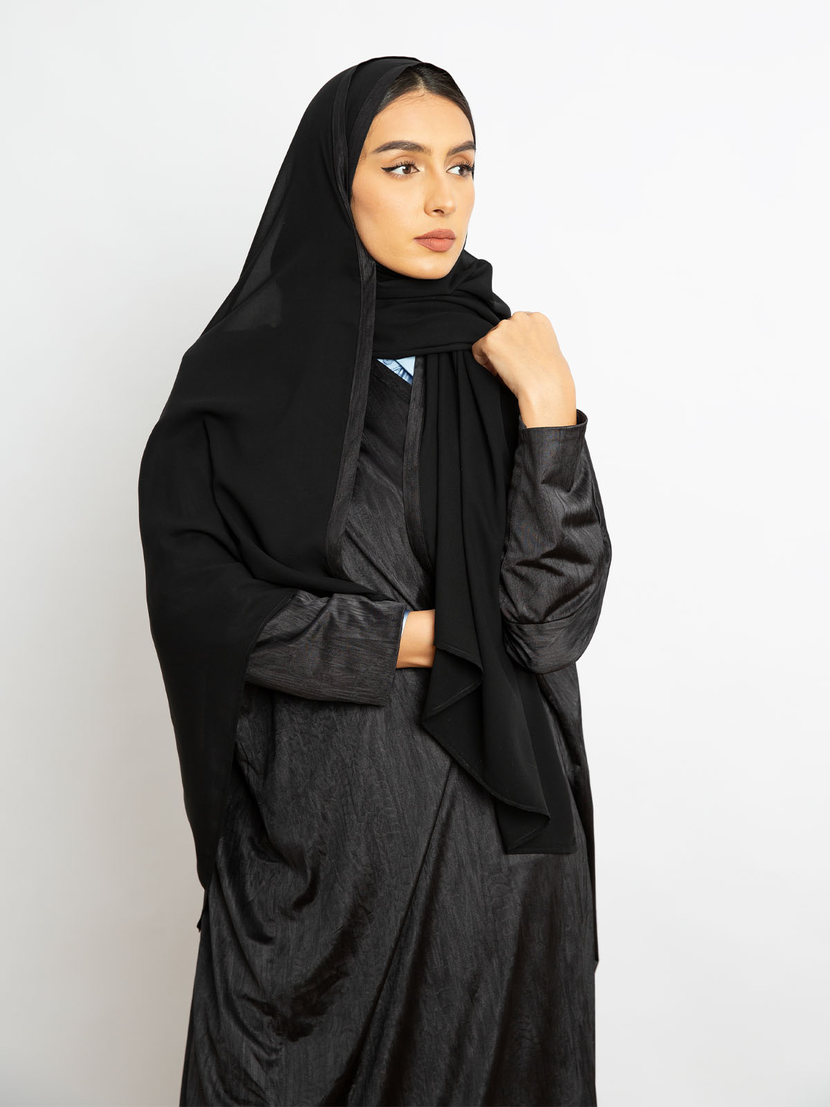 Black - Stretchy Half Bisht Long Open Abaya 