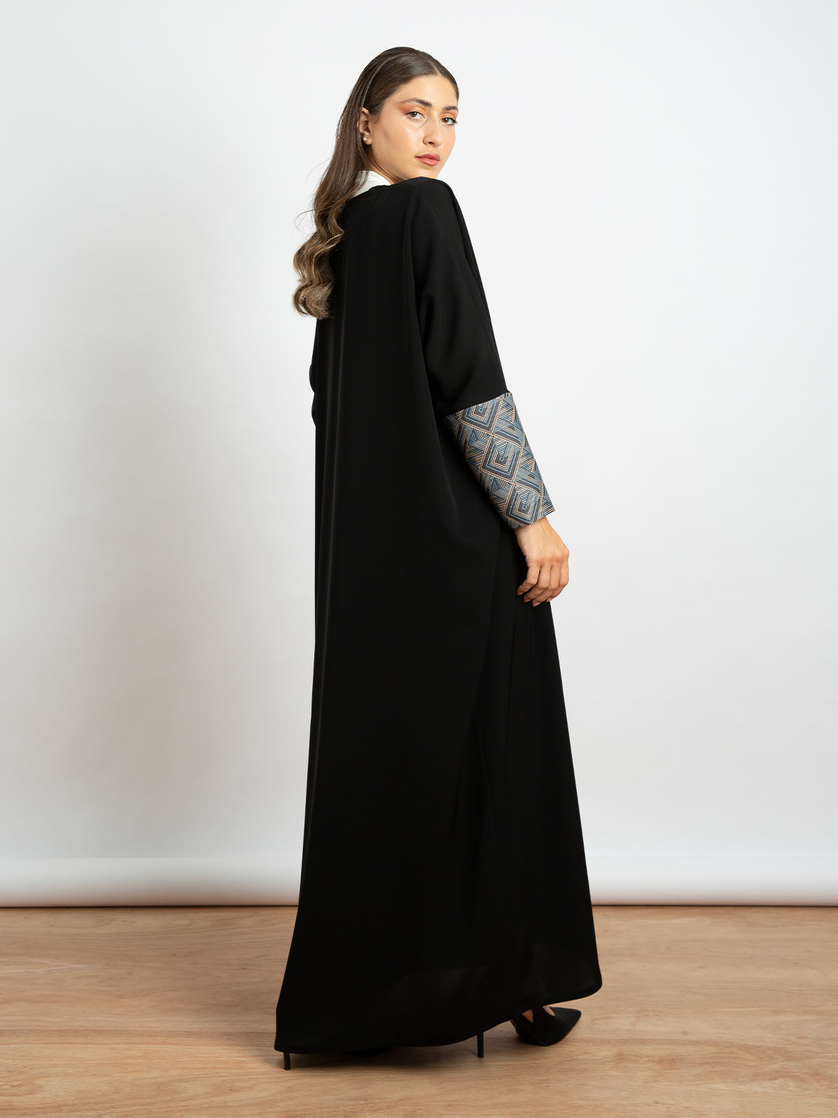 Black with Blue - Half Bisht Long Open Abaya with Geometric Art Piece on the Sleeves